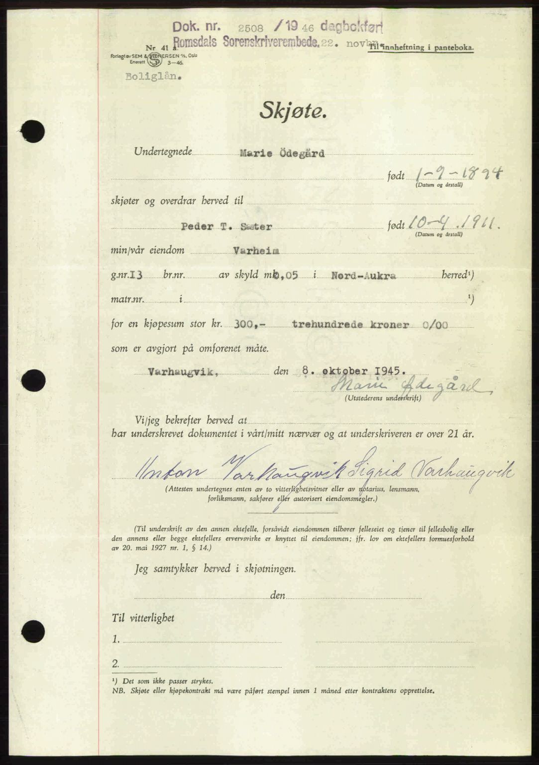 Romsdal sorenskriveri, AV/SAT-A-4149/1/2/2C: Mortgage book no. A21, 1946-1946, Diary no: : 2508/1946