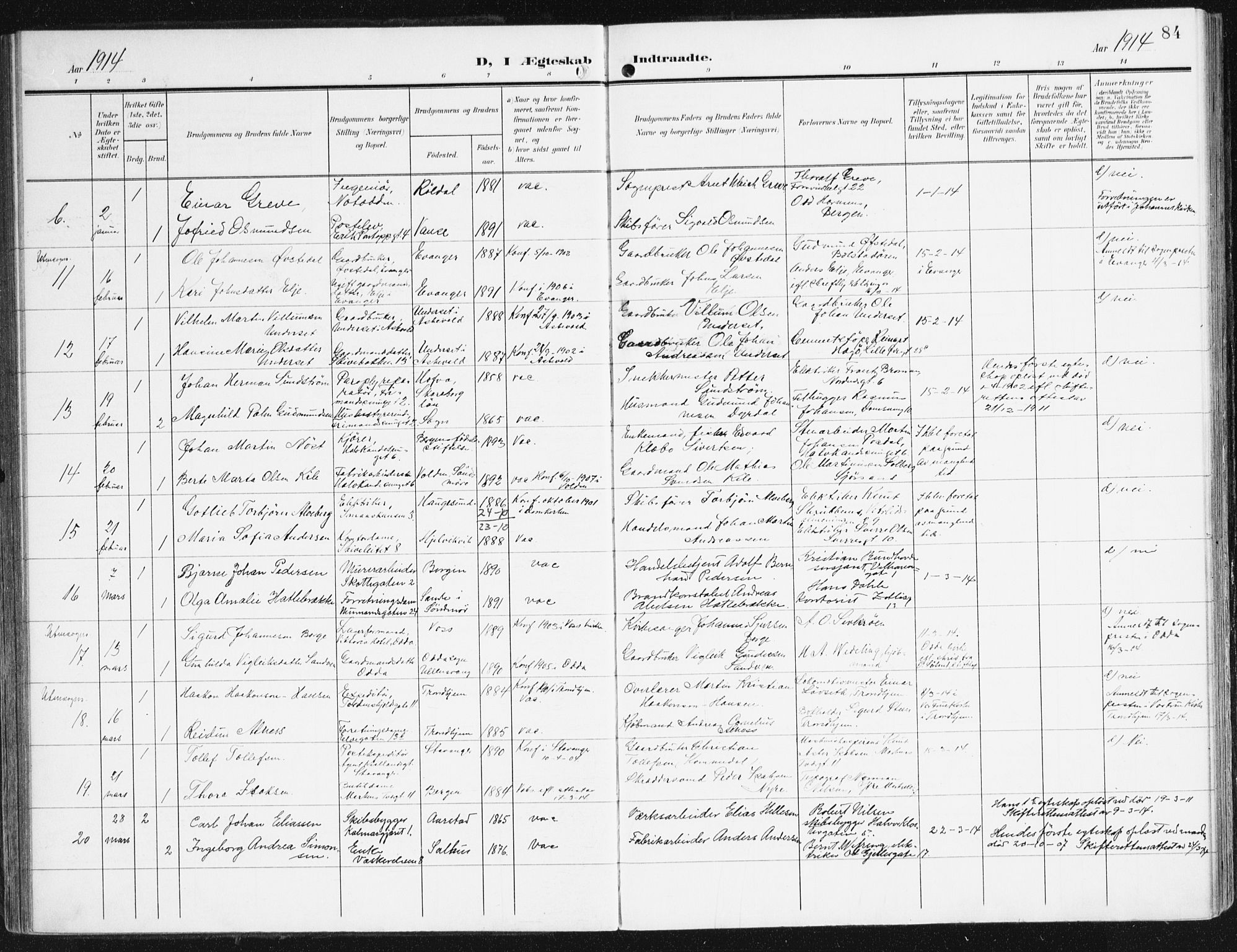 Domkirken sokneprestembete, SAB/A-74801/H/Haa/L0038: Parish register (official) no. D 5, 1906-1921, p. 84