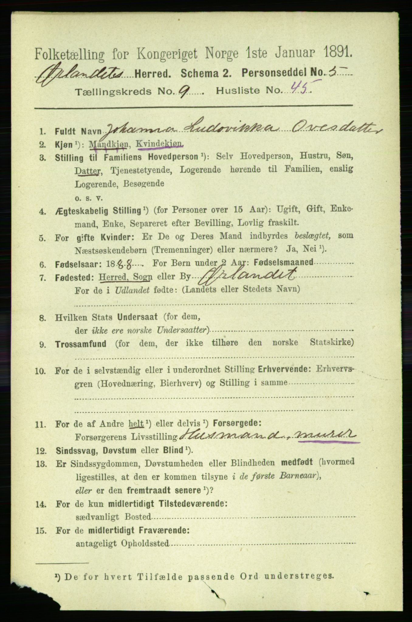 RA, 1891 census for 1621 Ørland, 1891, p. 4097