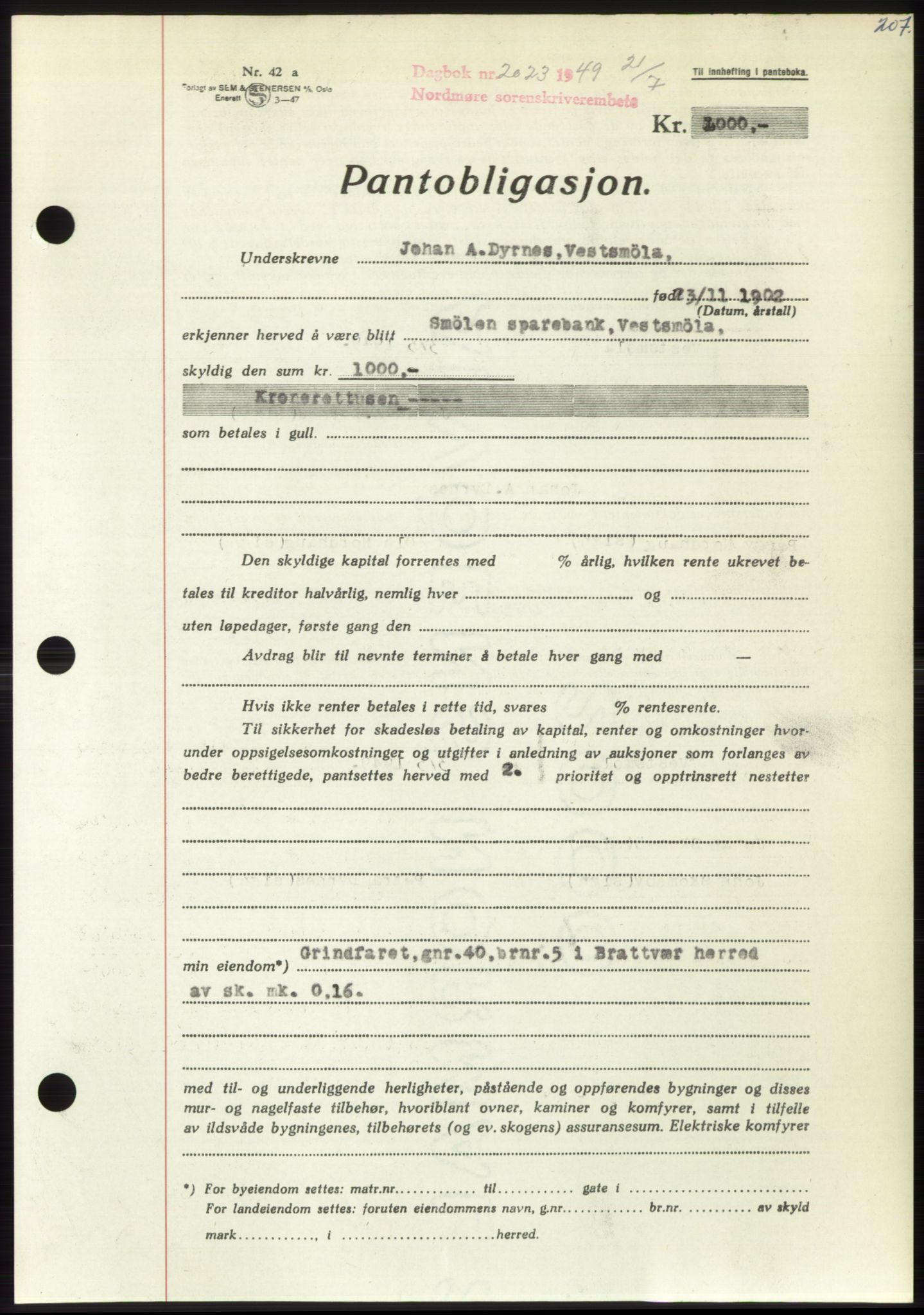 Nordmøre sorenskriveri, AV/SAT-A-4132/1/2/2Ca: Mortgage book no. B102, 1949-1949, Diary no: : 2023/1949