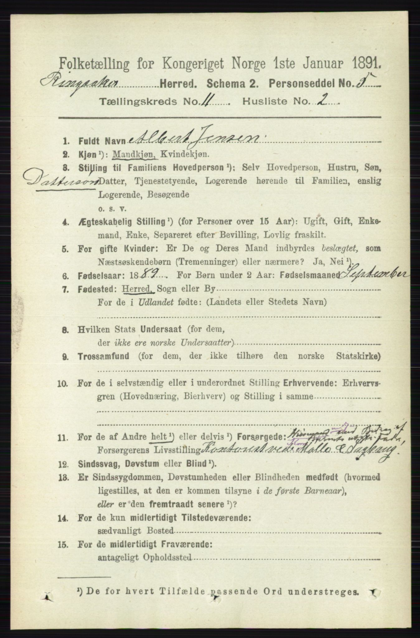 RA, 1891 census for 0412 Ringsaker, 1891, p. 6267