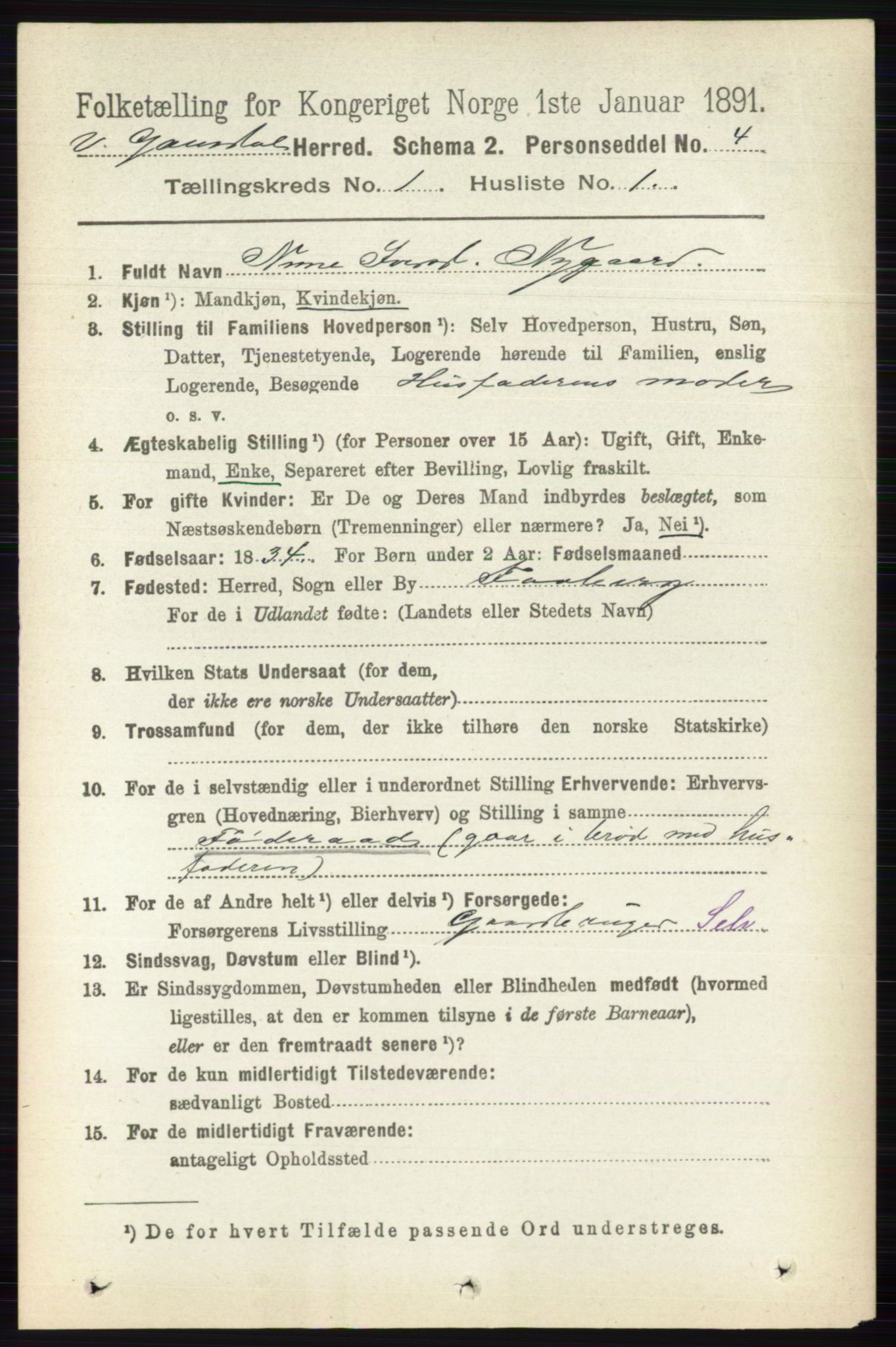 RA, 1891 census for 0523 Vestre Gausdal, 1891, p. 85