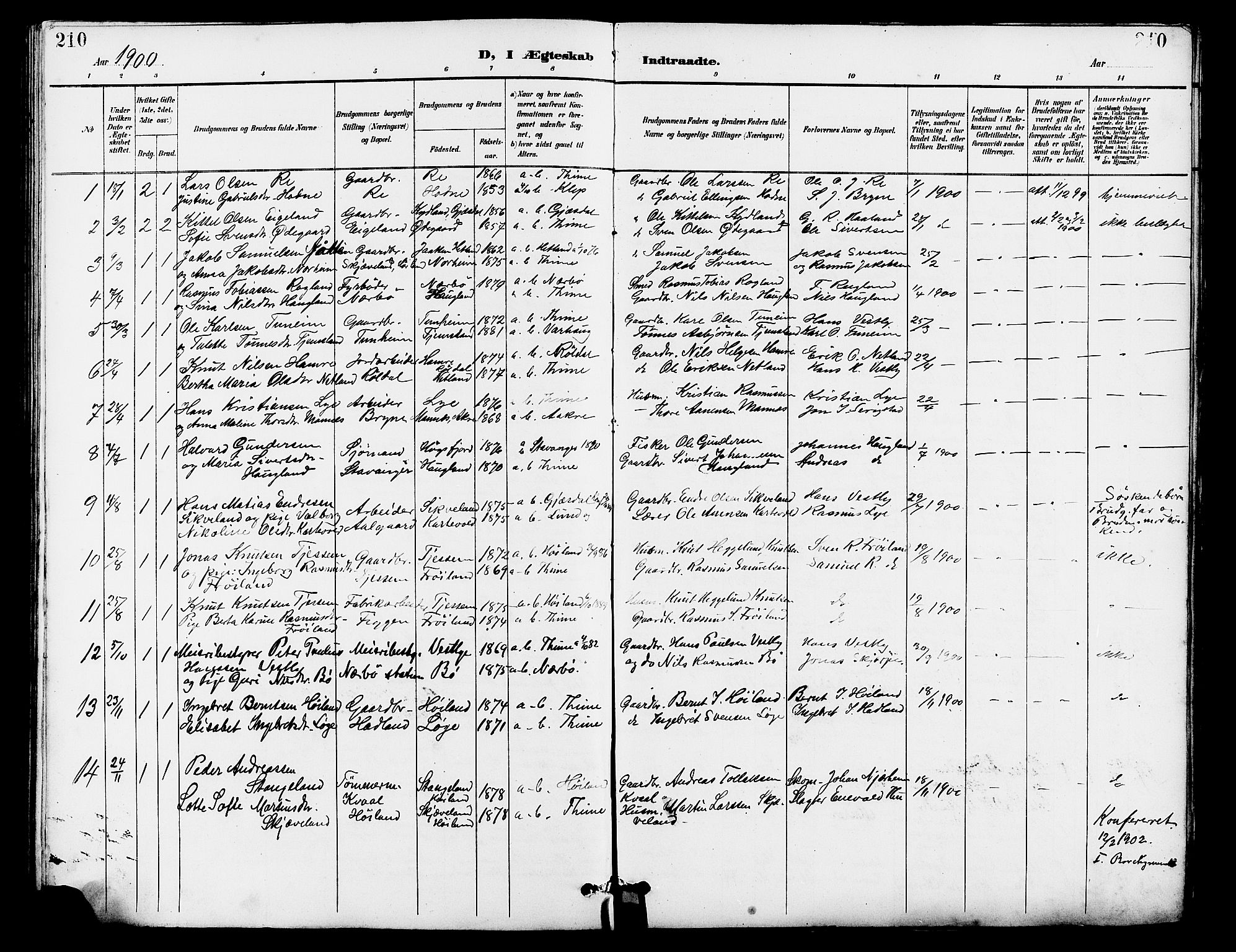 Lye sokneprestkontor, SAST/A-101794/001/30BB/L0007: Parish register (copy) no. B 8, 1889-1909, p. 210