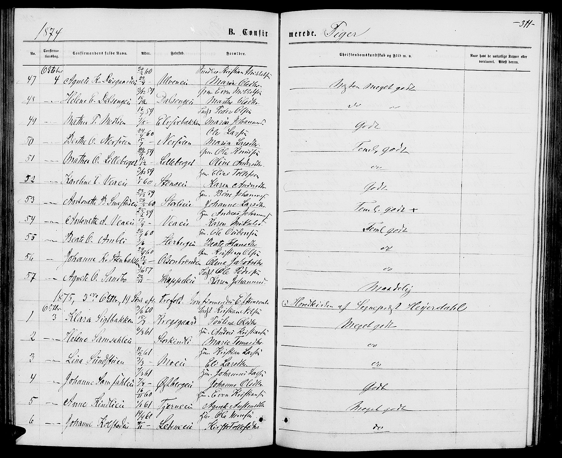 Ringsaker prestekontor, AV/SAH-PREST-014/L/La/L0008: Parish register (copy) no. 8, 1870-1878, p. 311