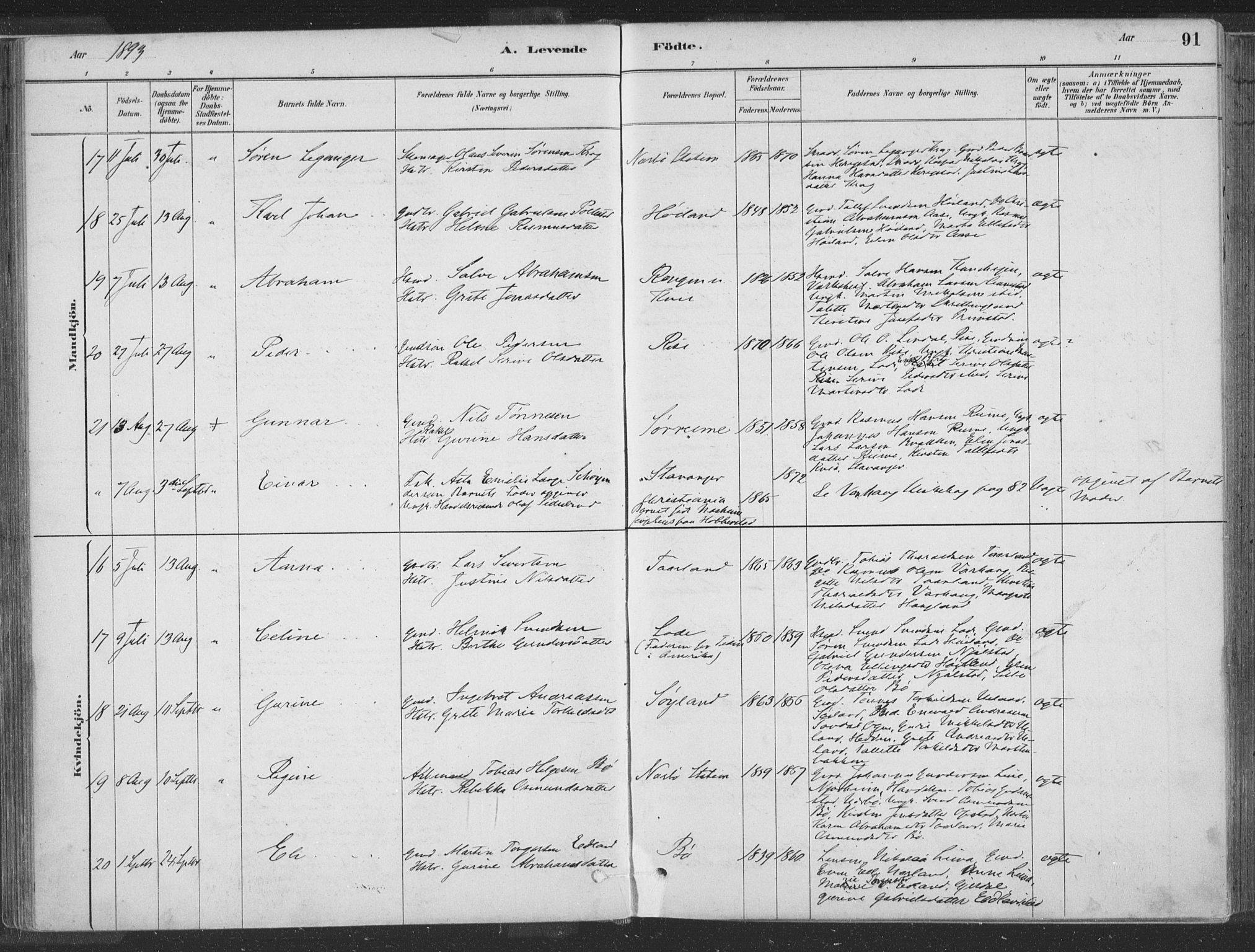 Hå sokneprestkontor, SAST/A-101801/001/30BA/L0010: Parish register (official) no. A 9, 1879-1896, p. 91