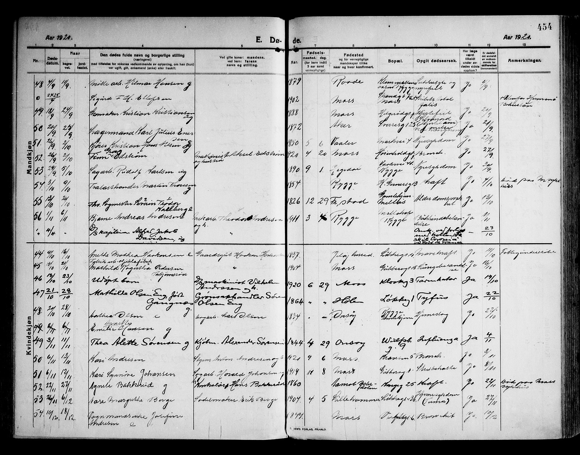 Moss prestekontor Kirkebøker, AV/SAO-A-2003/F/Fb/L0005: Parish register (official) no. II 5, 1913-1923, p. 454