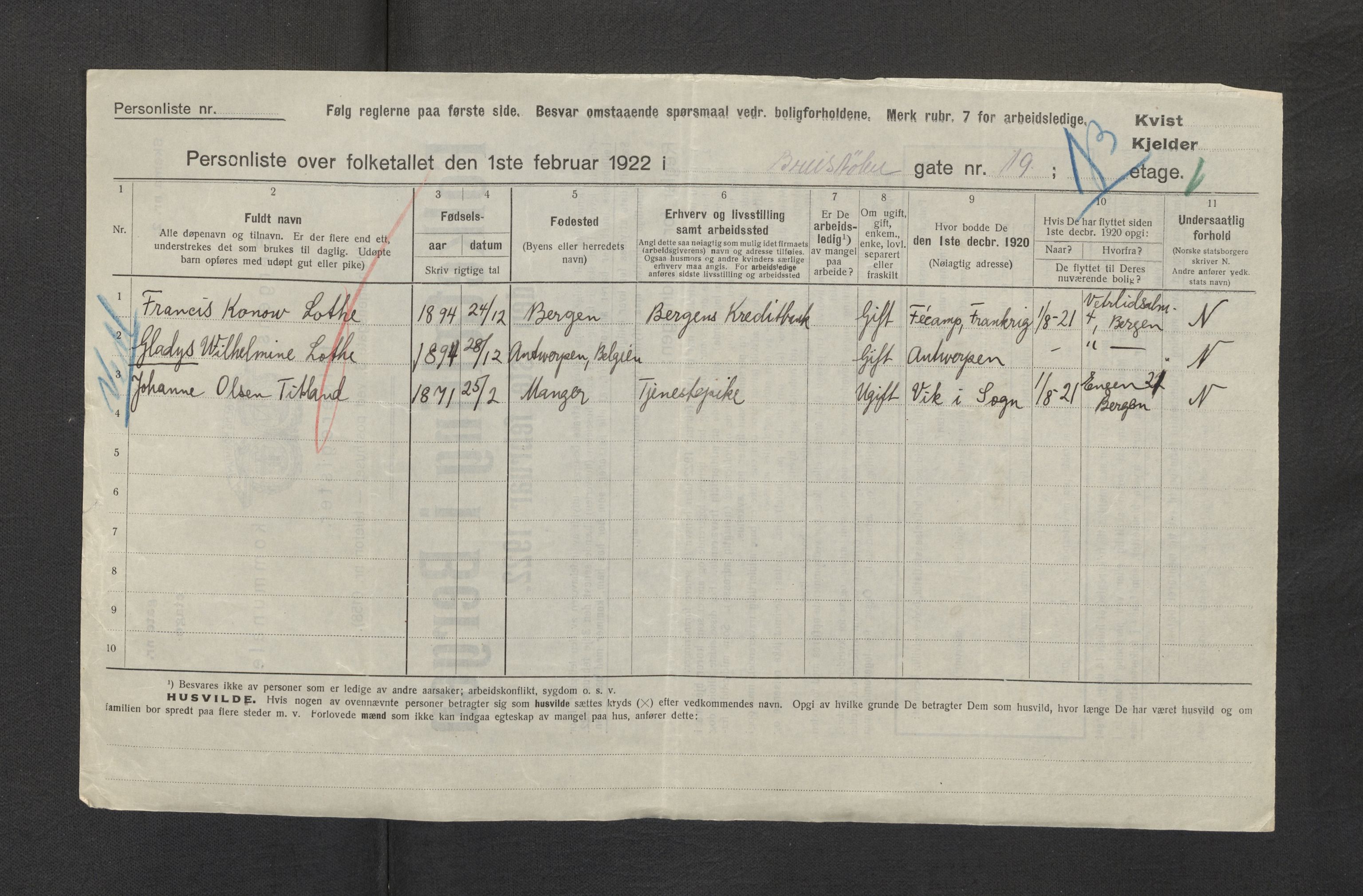 SAB, Municipal Census 1922 for Bergen, 1922, p. 4042