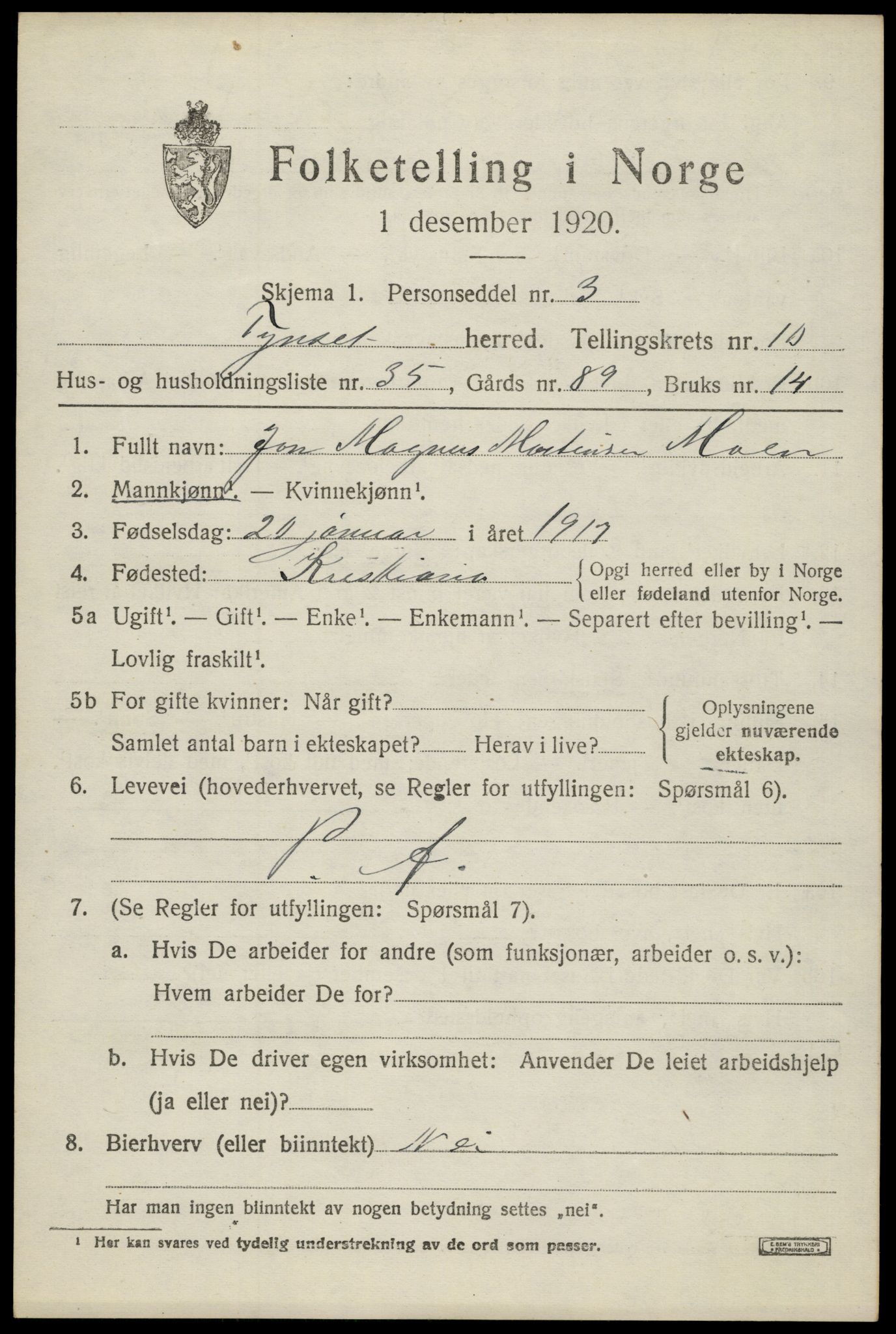 SAH, 1920 census for Tynset, 1920, p. 7980