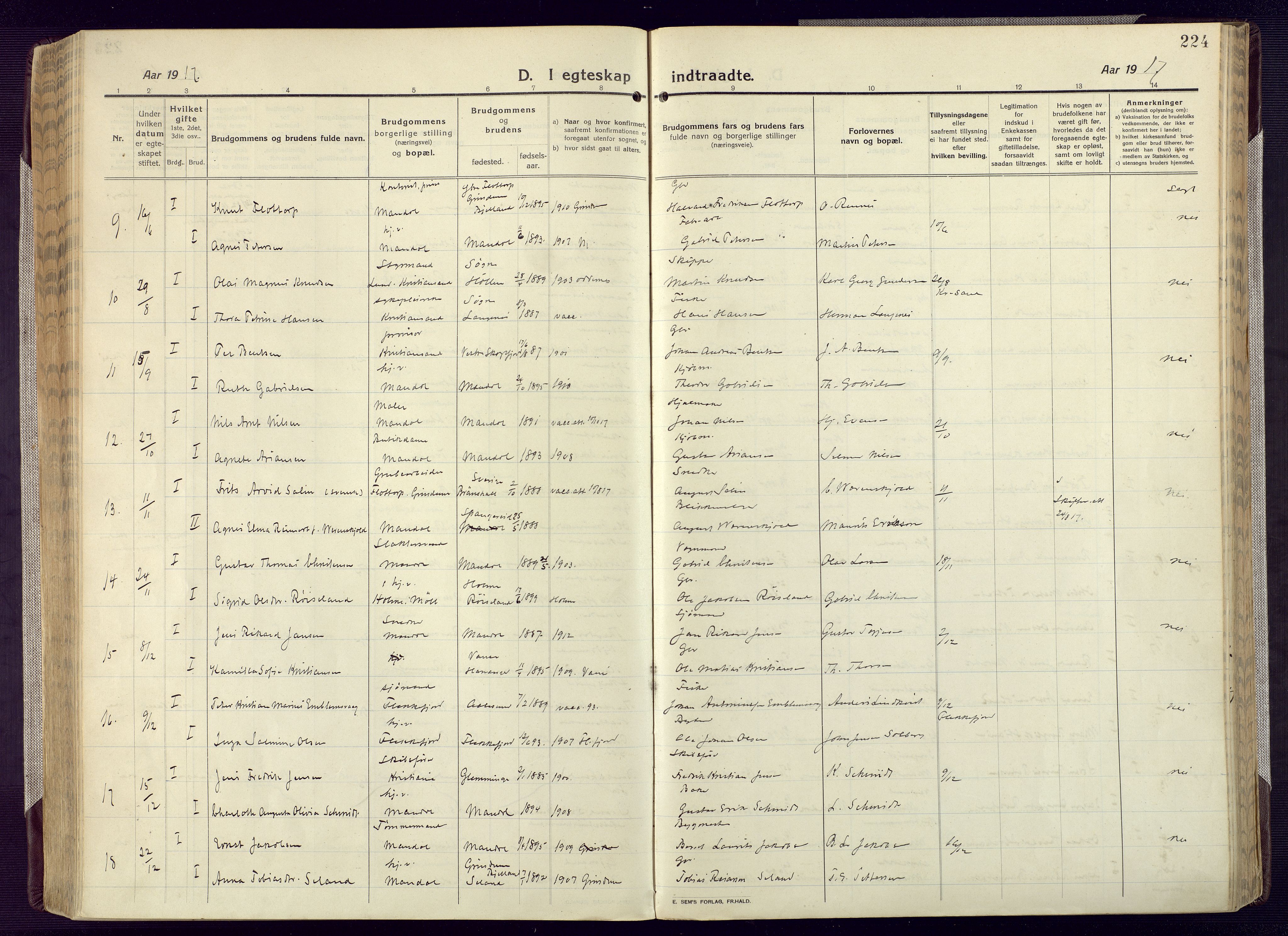 Mandal sokneprestkontor, AV/SAK-1111-0030/F/Fa/Fac/L0001: Parish register (official) no. A 1, 1913-1925, p. 224