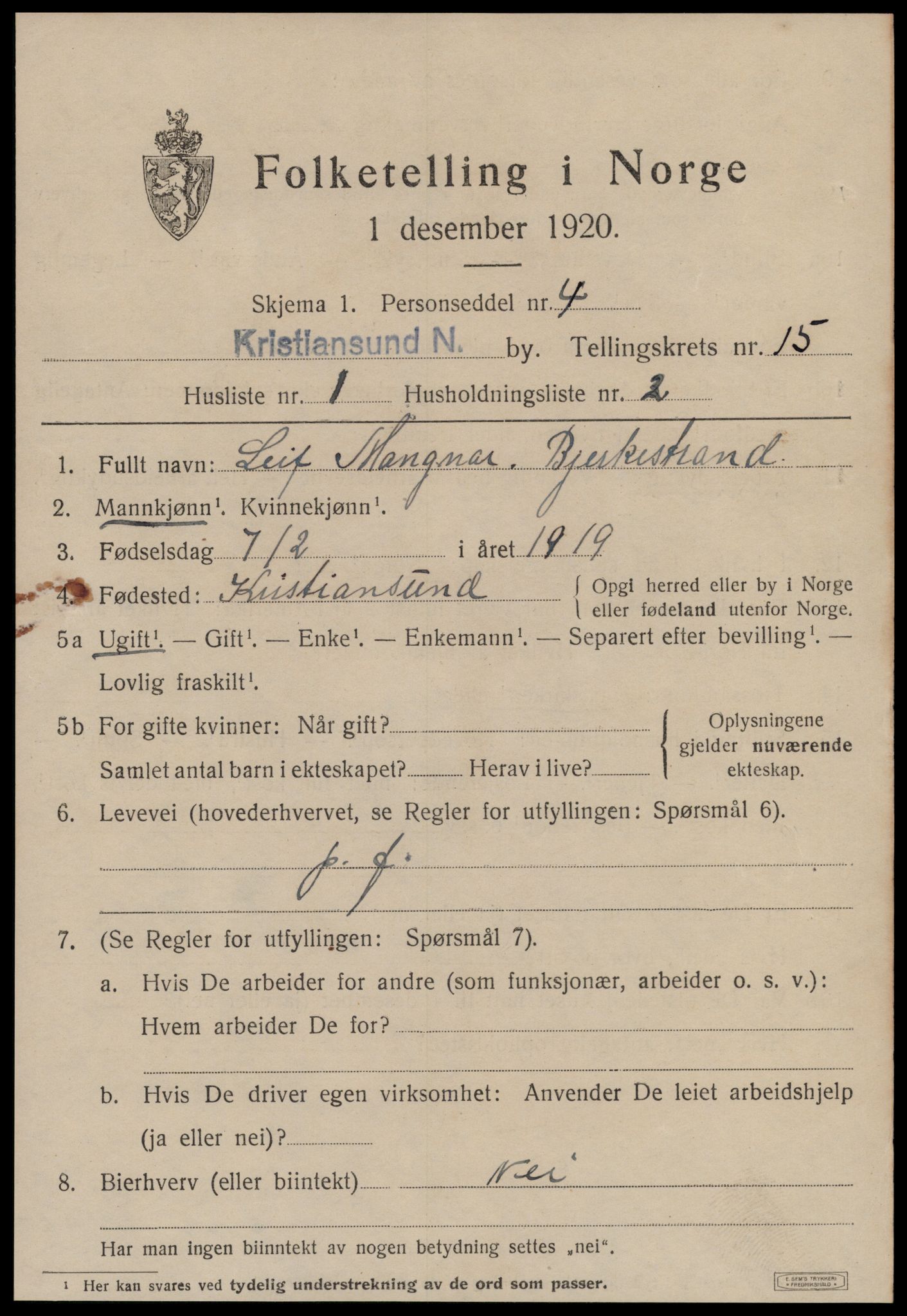 SAT, 1920 census for Kristiansund, 1920, p. 30905