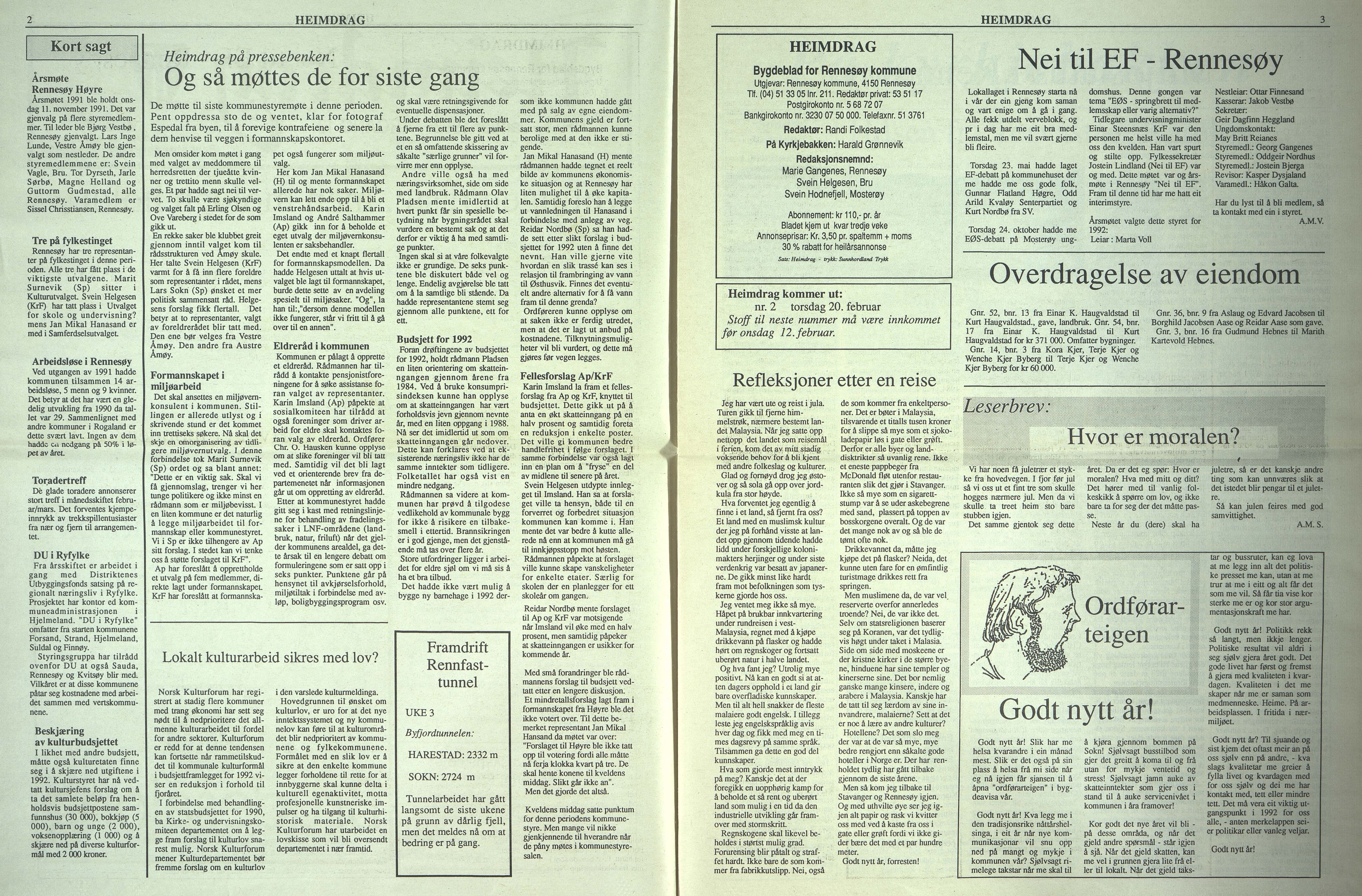 Rennesøy kommune. Heimdrag, lokalavis, BYST/A-0750/X/Xa/L0014: Heimdrag 1992, 1992