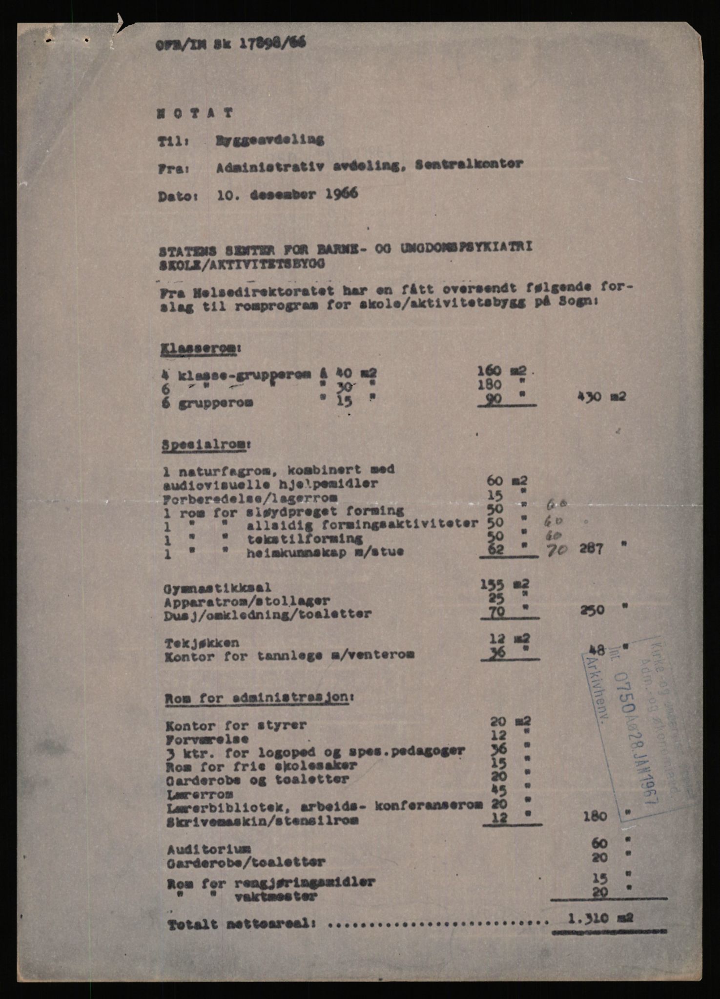 Kirke- og undervisningsdepartementet, Administrasjons- og økonomiavdelingen, AV/RA-S-3271/D/Da/Dad/L0300/0014: -- / Z 023,4 Skolebygg. Spesialskoler. Statens senter for barne- og ungdomspsykiatri, 1967-1973, p. 21