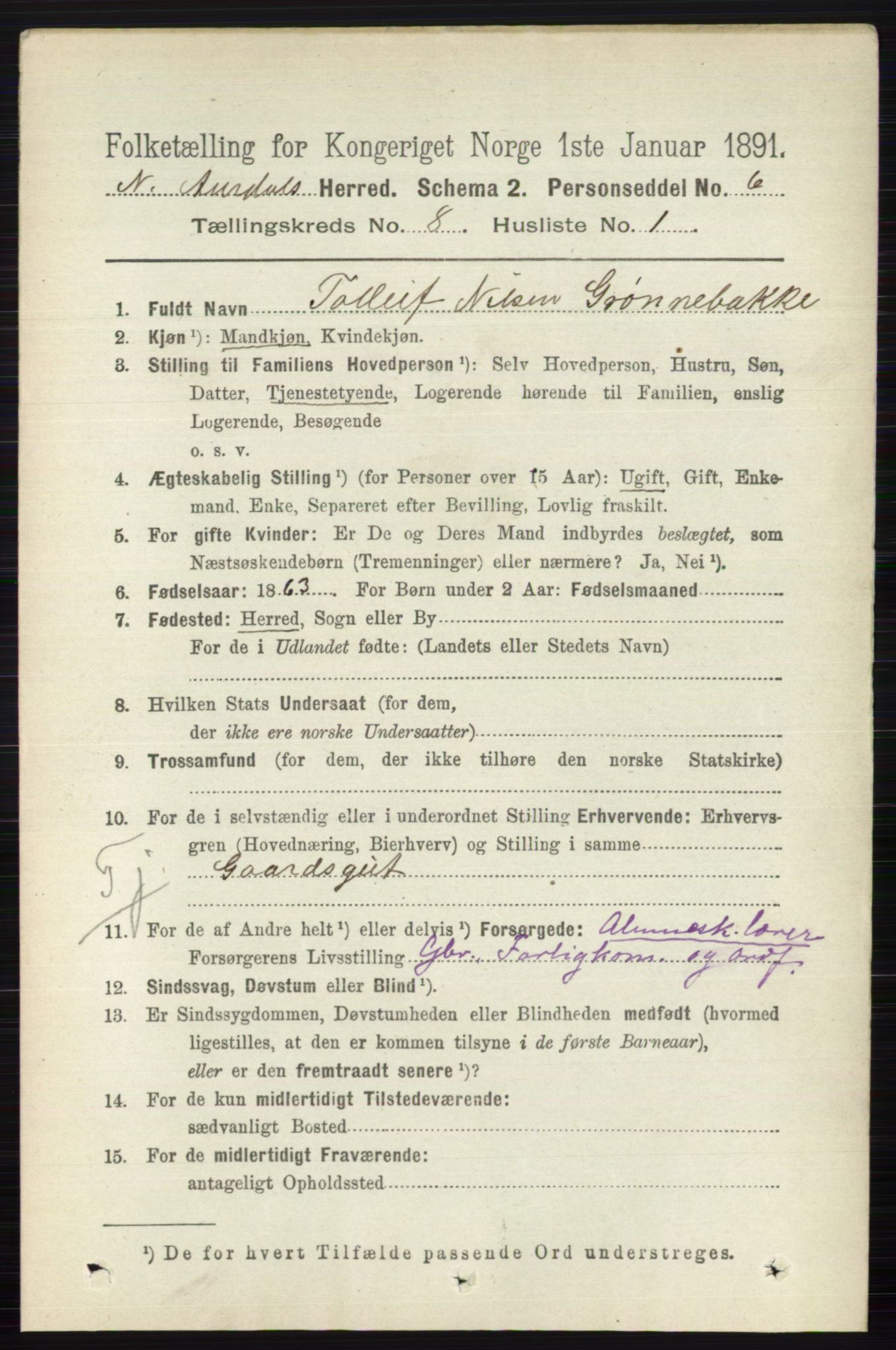 RA, 1891 census for 0542 Nord-Aurdal, 1891, p. 2804