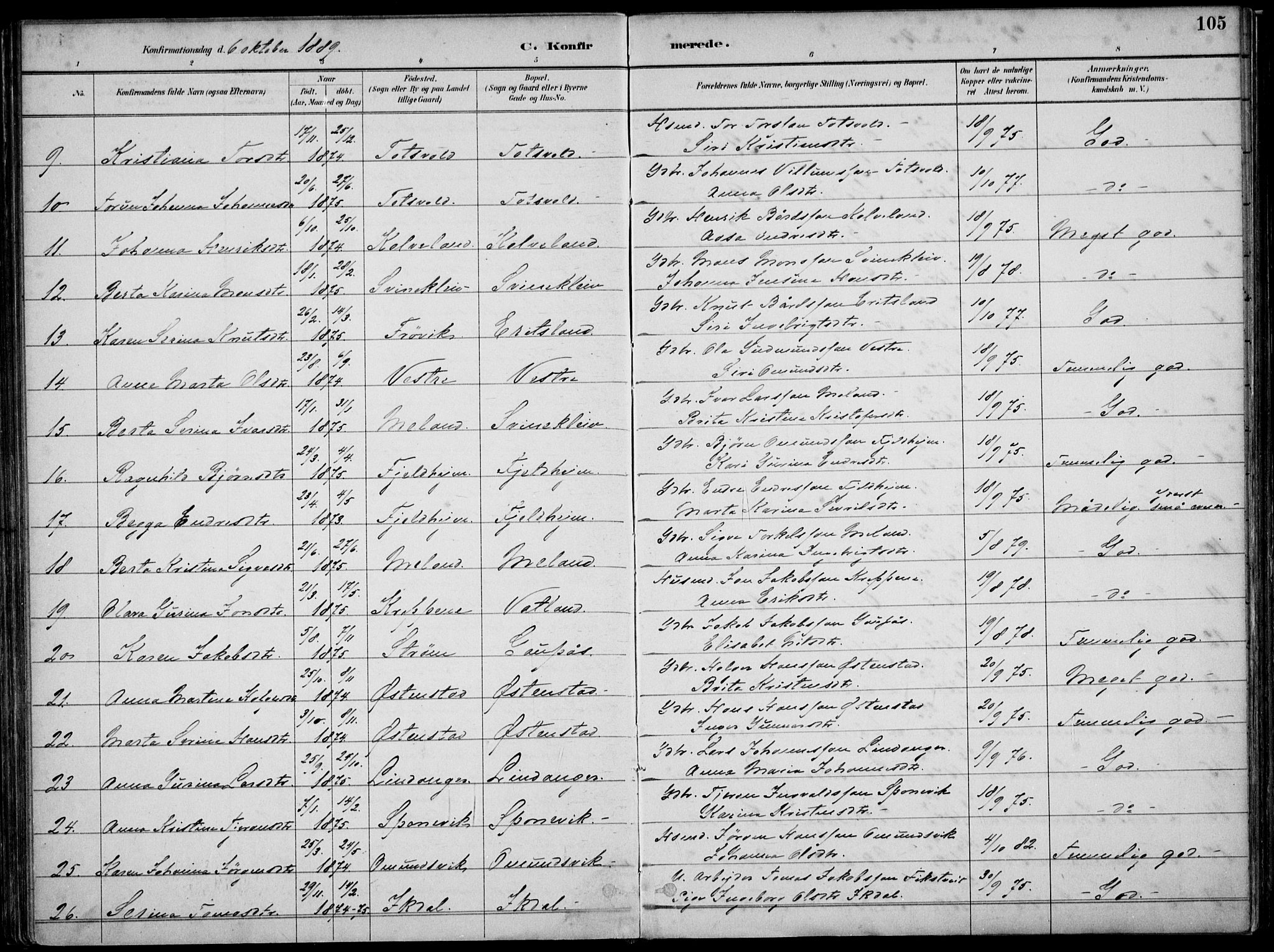 Skjold sokneprestkontor, AV/SAST-A-101847/H/Ha/Haa/L0010: Parish register (official) no. A 10, 1882-1897, p. 105