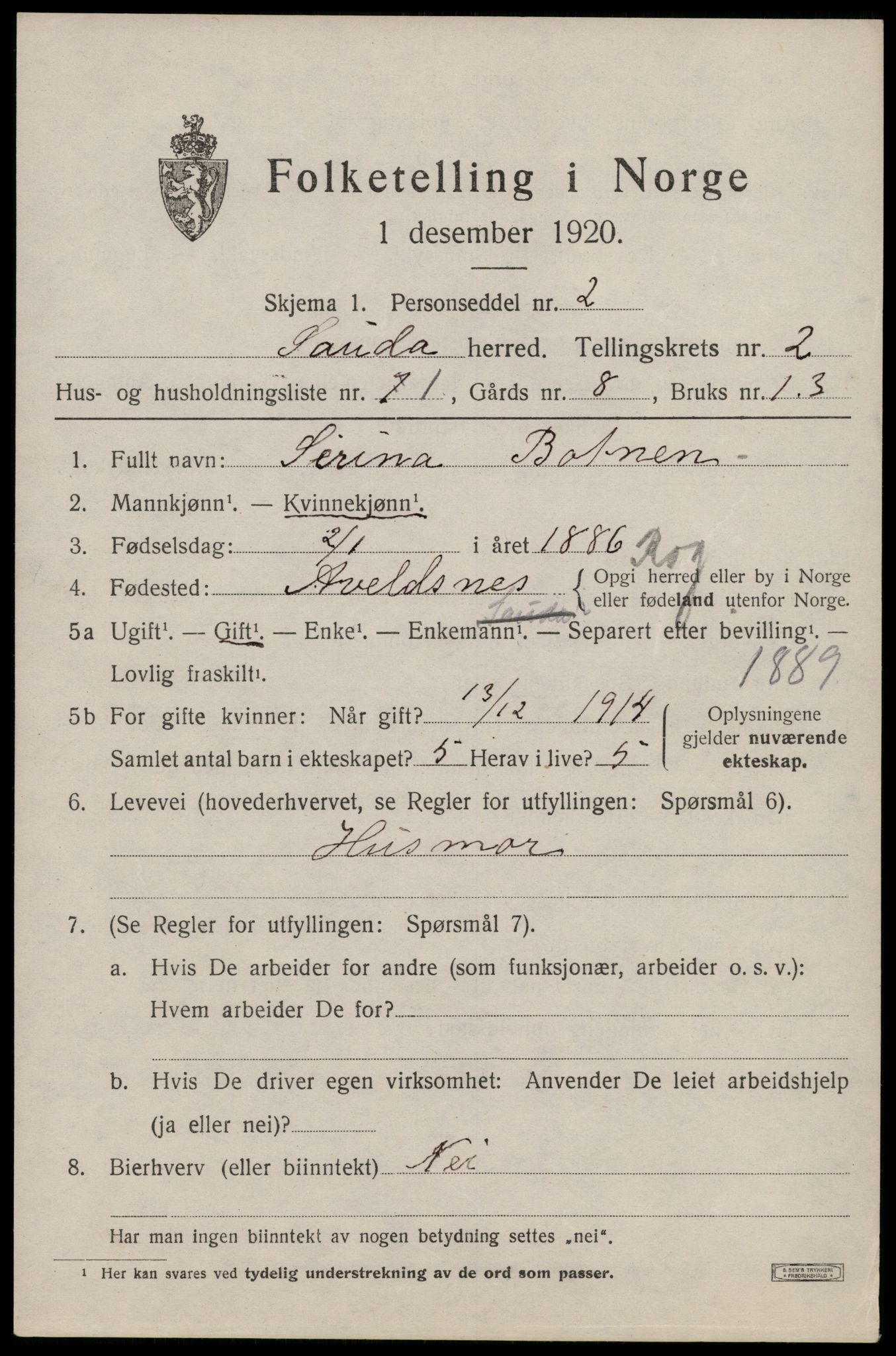 SAST, 1920 census for Sauda, 1920, p. 934