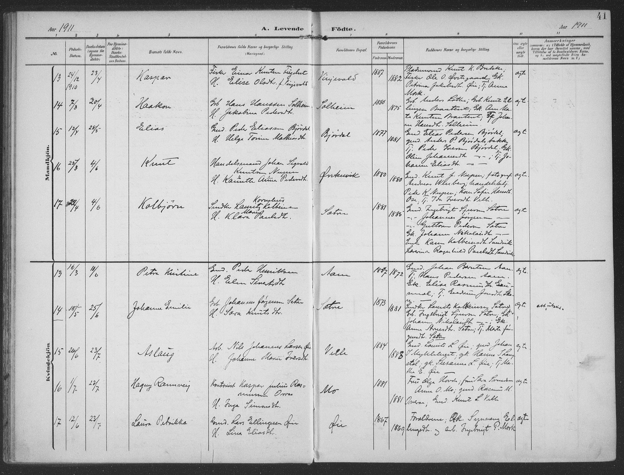 Ministerialprotokoller, klokkerbøker og fødselsregistre - Møre og Romsdal, SAT/A-1454/513/L0178: Parish register (official) no. 513A05, 1906-1919, p. 41