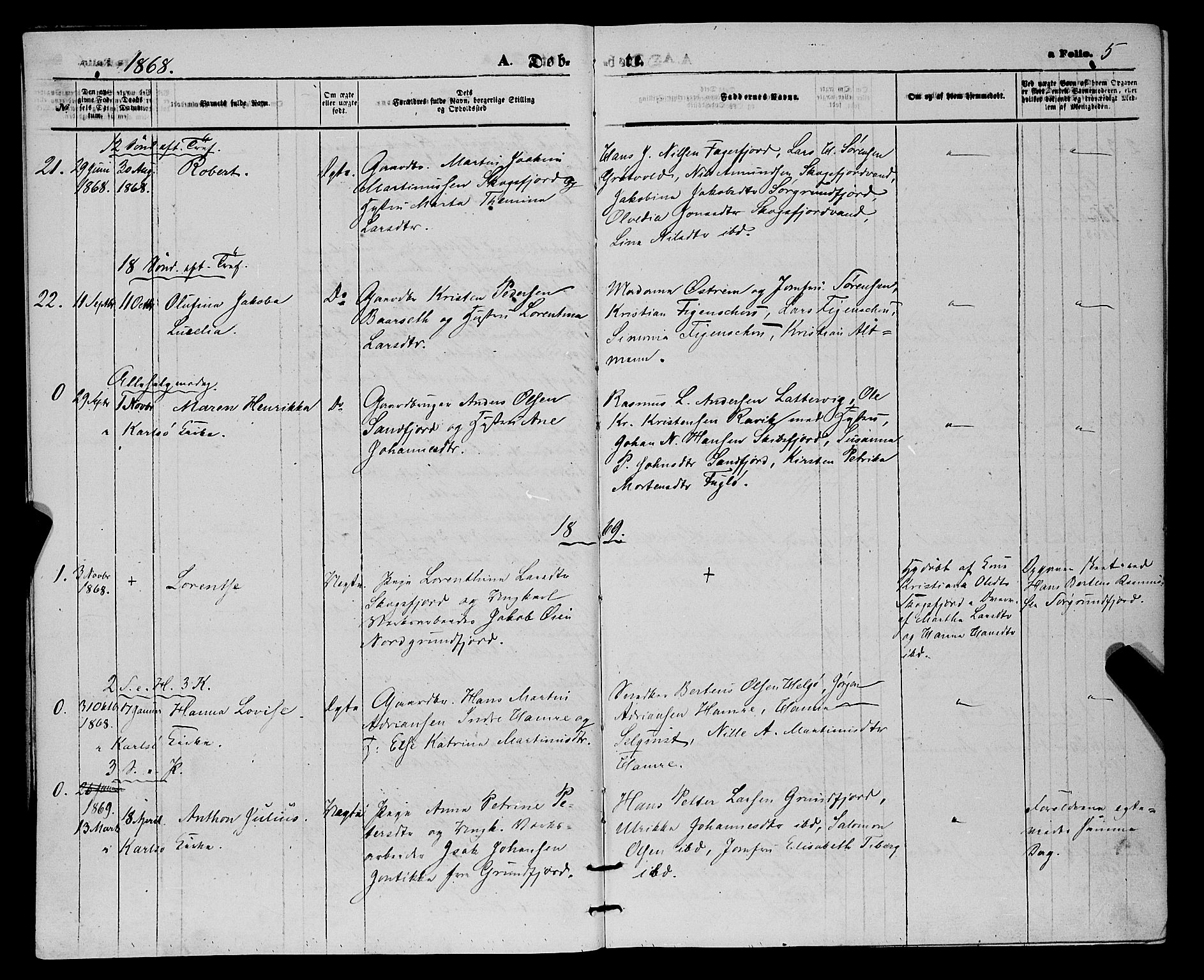 Karlsøy sokneprestembete, SATØ/S-1299/H/Ha/Haa/L0010kirke: Parish register (official) no. 10, 1867-1878, p. 5