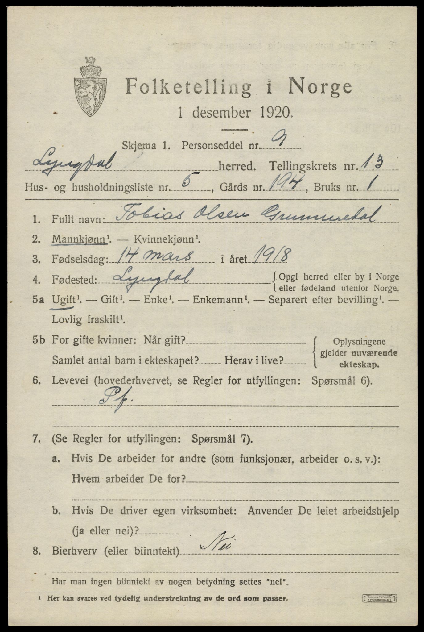 SAK, 1920 census for Lyngdal, 1920, p. 5873