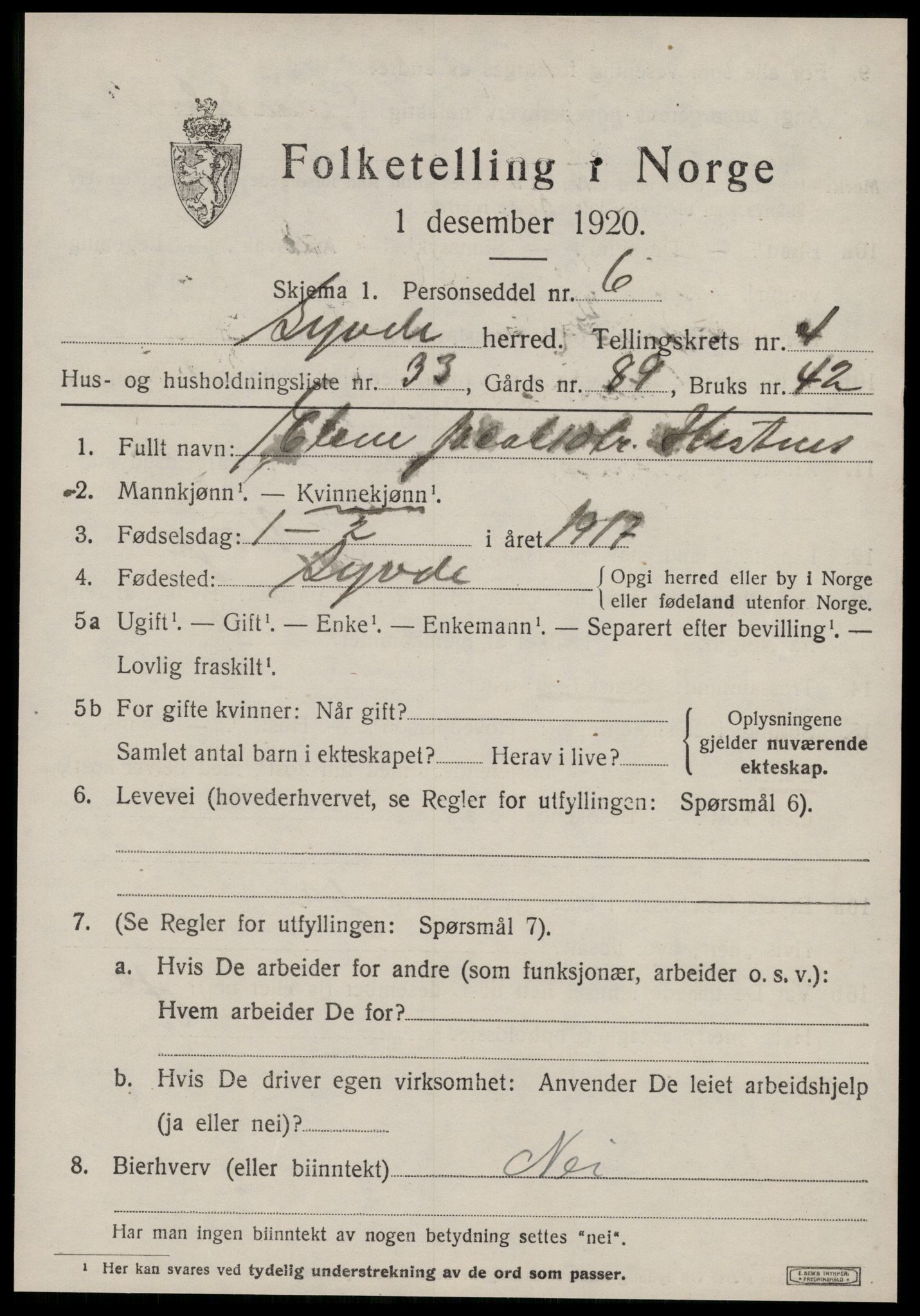 SAT, 1920 census for Syvde, 1920, p. 1850