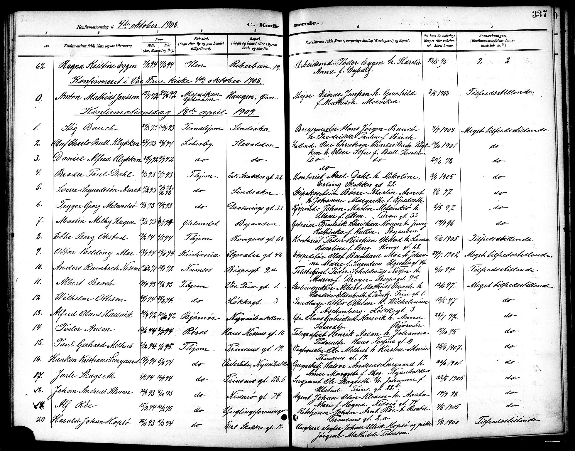 Ministerialprotokoller, klokkerbøker og fødselsregistre - Sør-Trøndelag, SAT/A-1456/601/L0094: Parish register (copy) no. 601C12, 1898-1911, p. 337