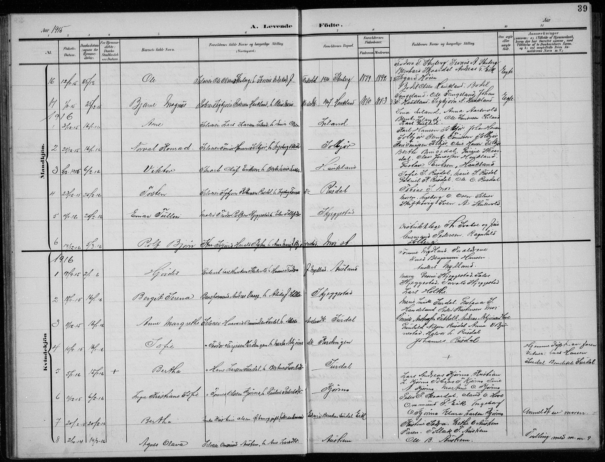 Lund sokneprestkontor, AV/SAST-A-101809/S07/L0008: Parish register (copy) no. B 8, 1902-1936, p. 39