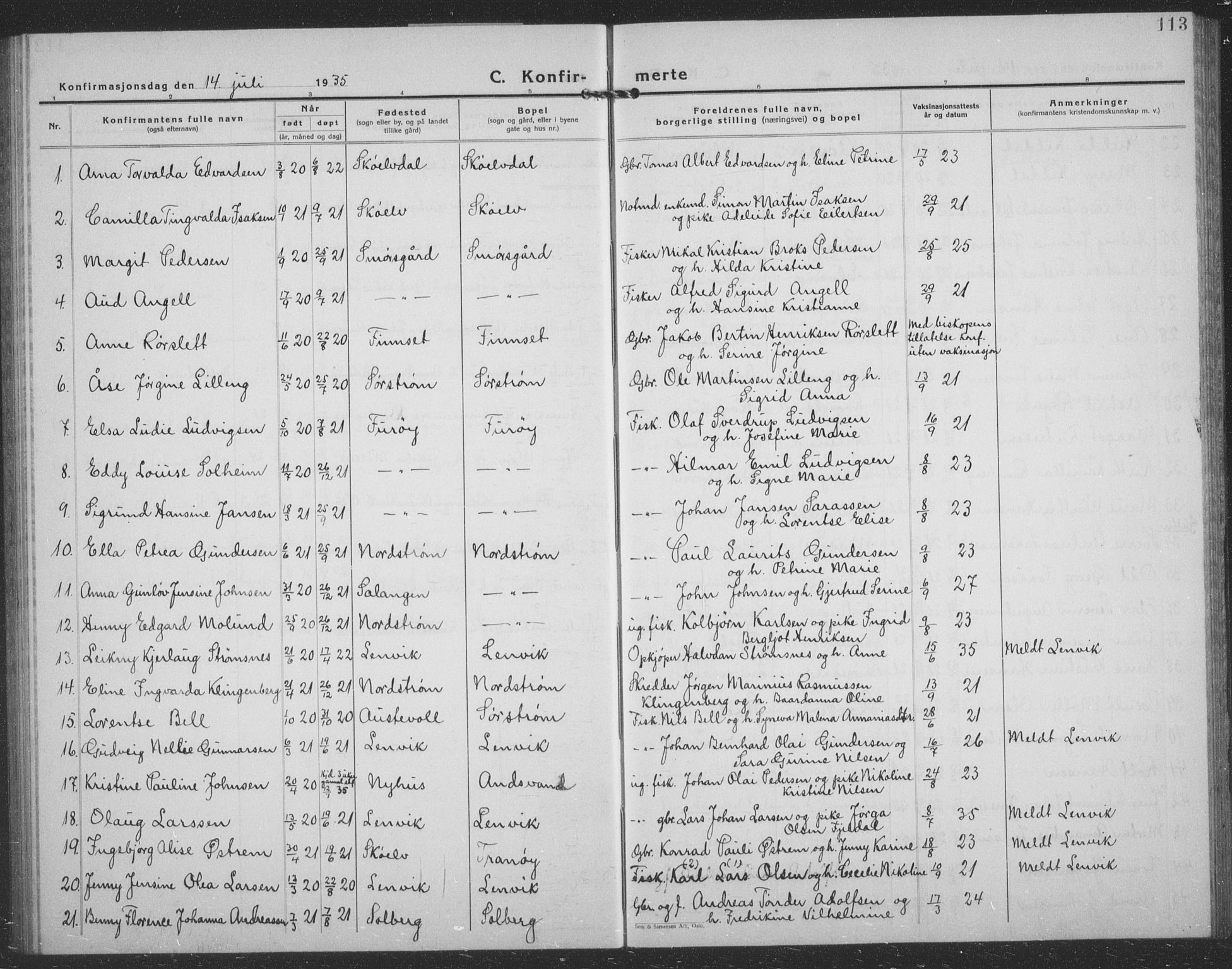 Tranøy sokneprestkontor, SATØ/S-1313/I/Ia/Iab/L0024klokker: Parish register (copy) no. 24, 1929-1943, p. 113