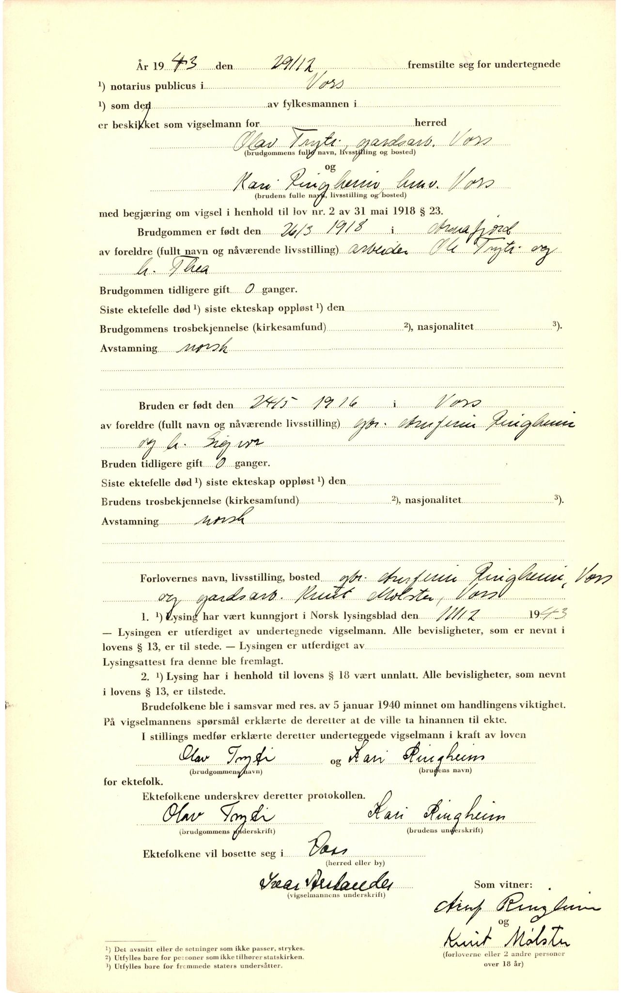 Voss sorenskrivar, SAB/A-2701/M/Maa/L0002: Vigselbok, 1943-1945, p. 9b