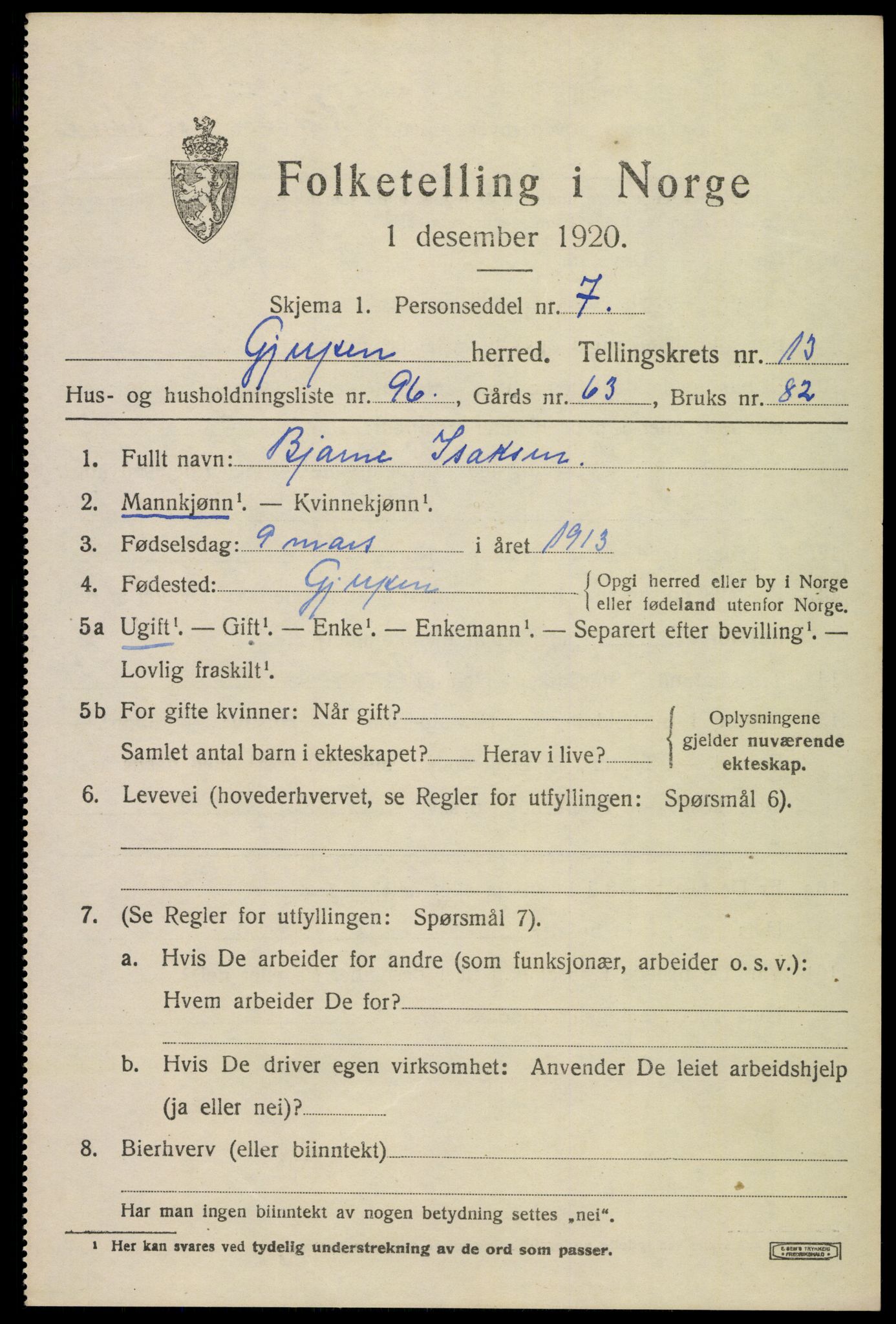 SAKO, 1920 census for Gjerpen, 1920, p. 15194