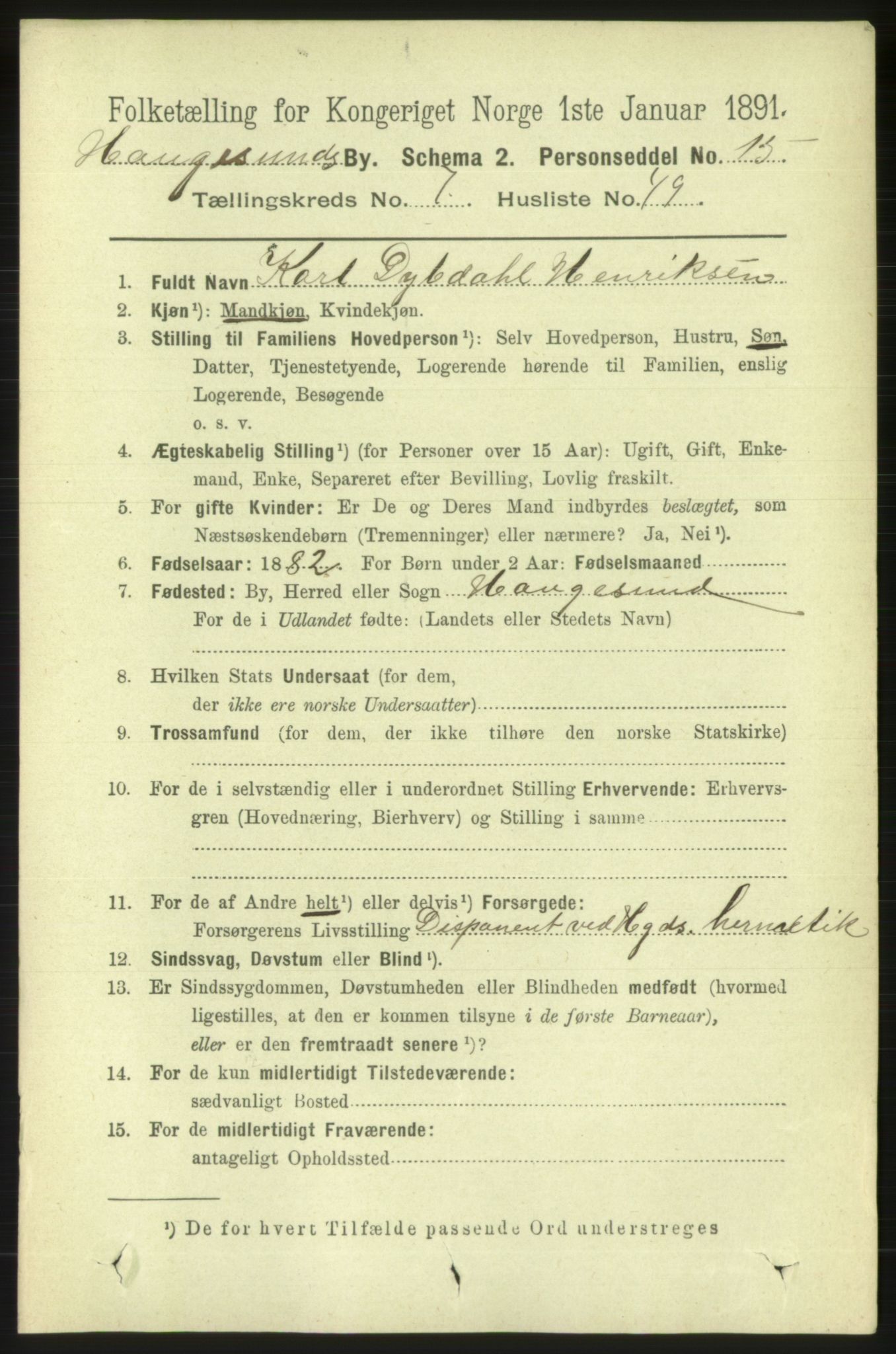 RA, 1891 census for 1106 Haugesund, 1891, p. 3688