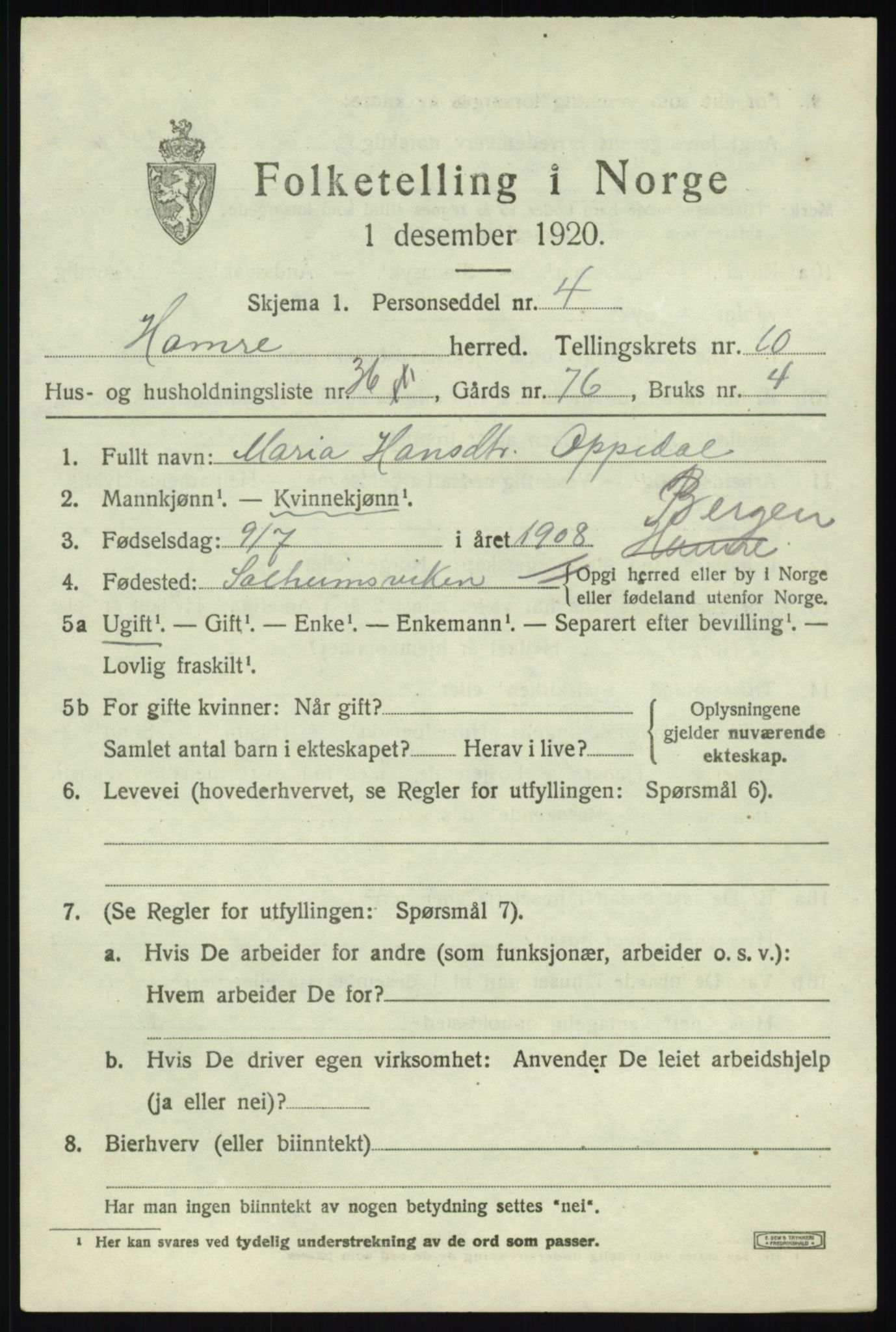 SAB, 1920 census for Hamre, 1920, p. 6251