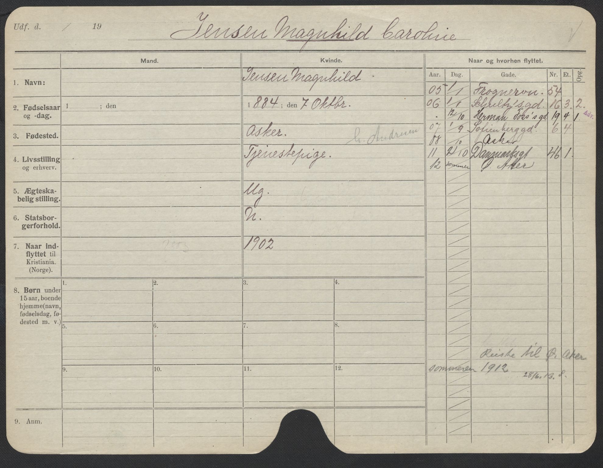 Oslo folkeregister, Registerkort, AV/SAO-A-11715/F/Fa/Fac/L0017: Kvinner, 1906-1914, p. 483a