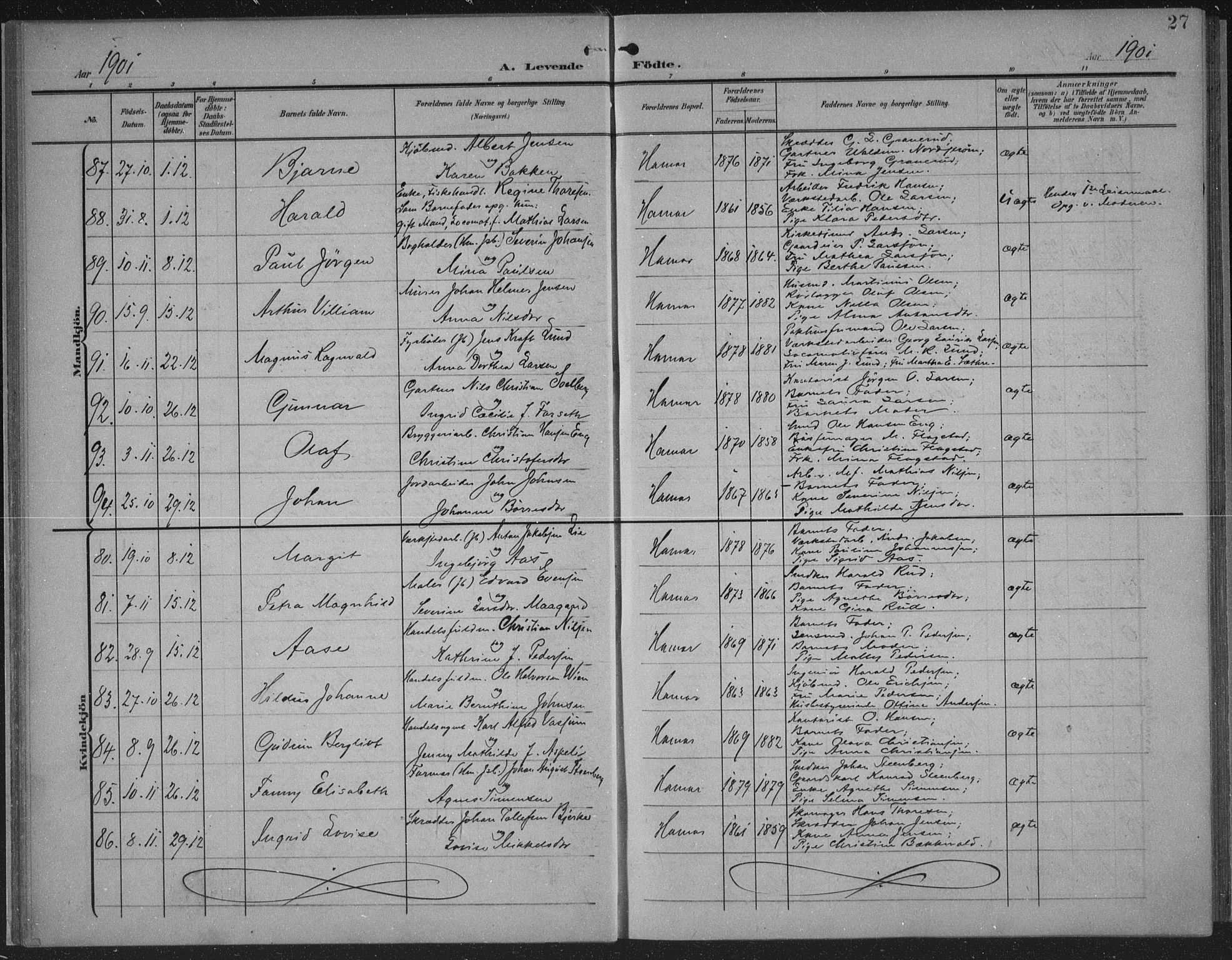 Hamar prestekontor, AV/SAH-DOMPH-002/H/Ha/Haa/L0001: Parish register (official) no. 1, 1900-1914, p. 27