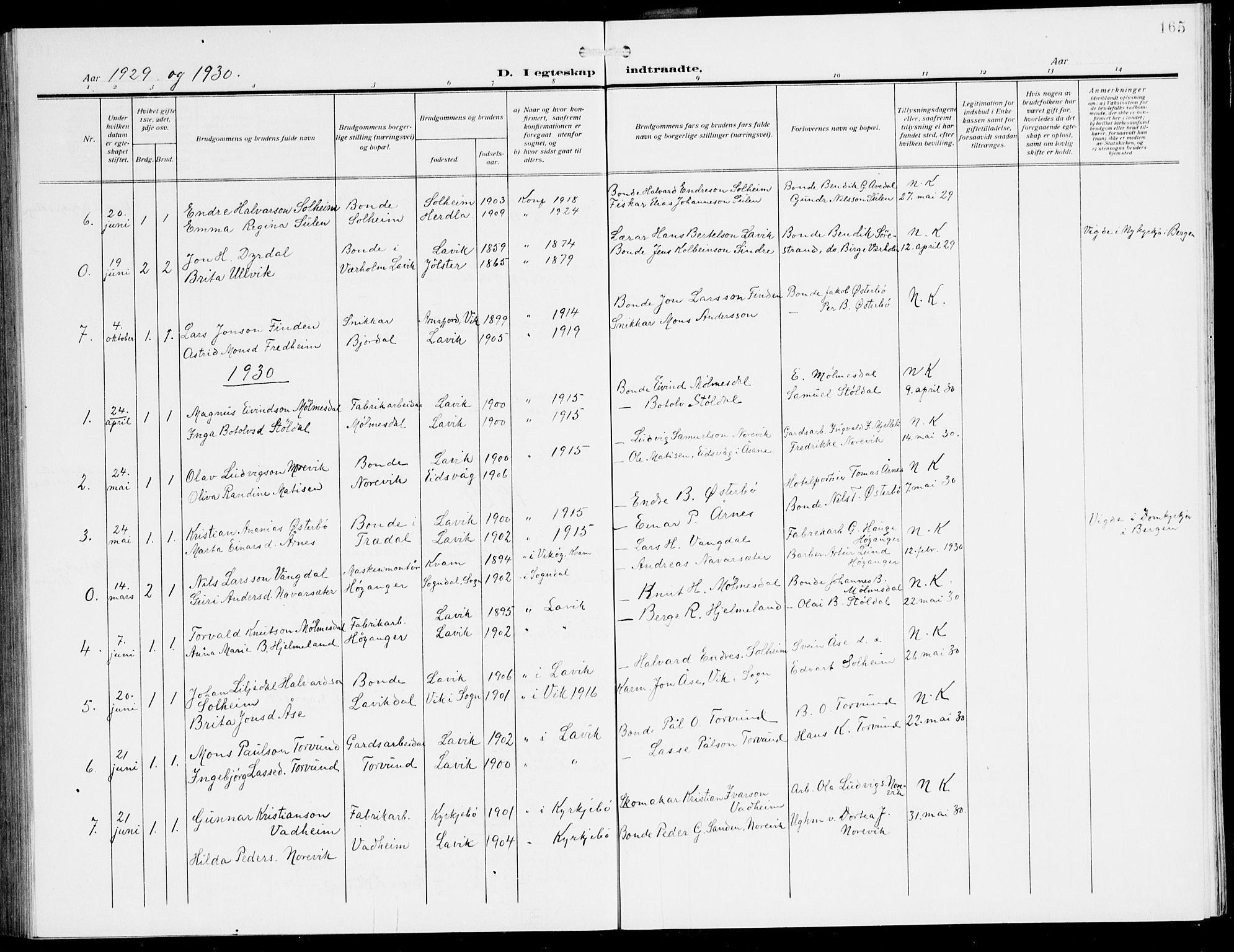 Lavik sokneprestembete, SAB/A-80901: Parish register (copy) no. A 3, 1911-1942, p. 165