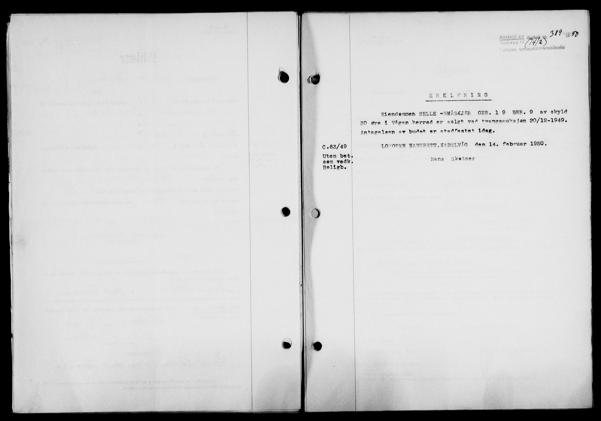 Lofoten sorenskriveri, SAT/A-0017/1/2/2C/L0023a: Mortgage book no. 23a, 1950-1950, Diary no: : 389/1950