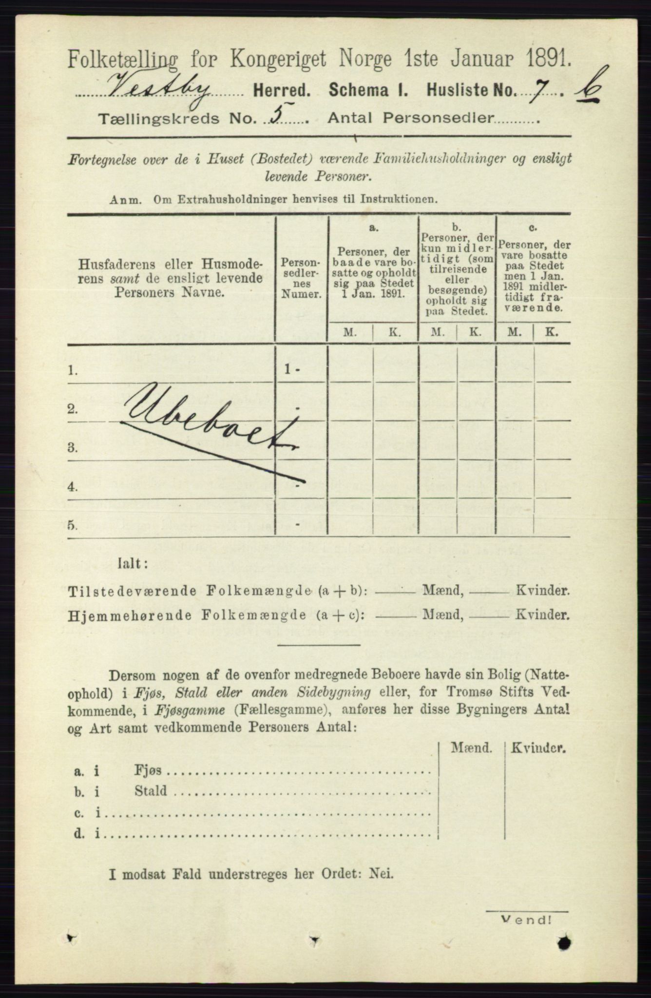 RA, 1891 census for 0211 Vestby, 1891, p. 2053