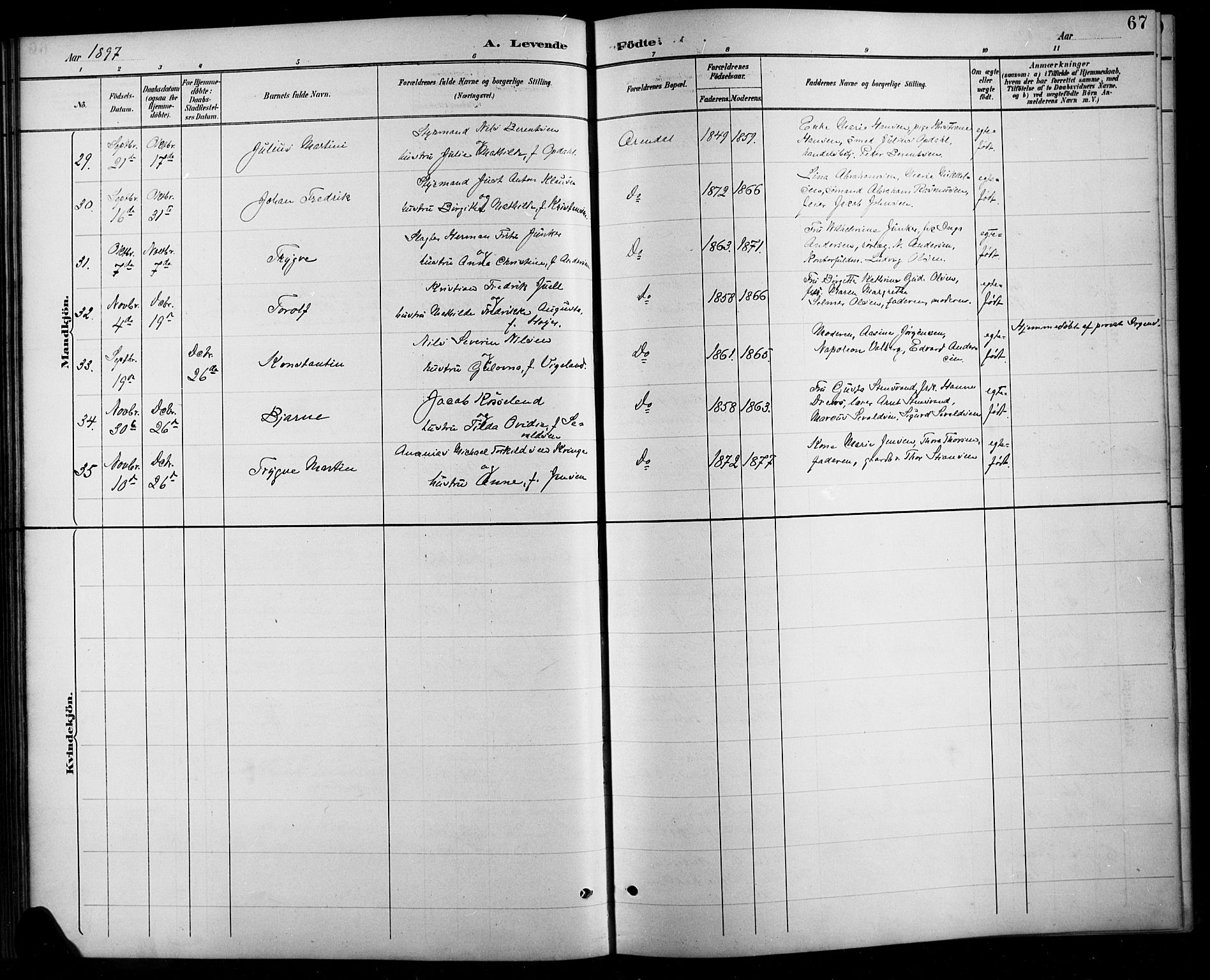 Arendal sokneprestkontor, Trefoldighet, SAK/1111-0040/F/Fb/L0006: Parish register (copy) no. B 6, 1889-1916, p. 67