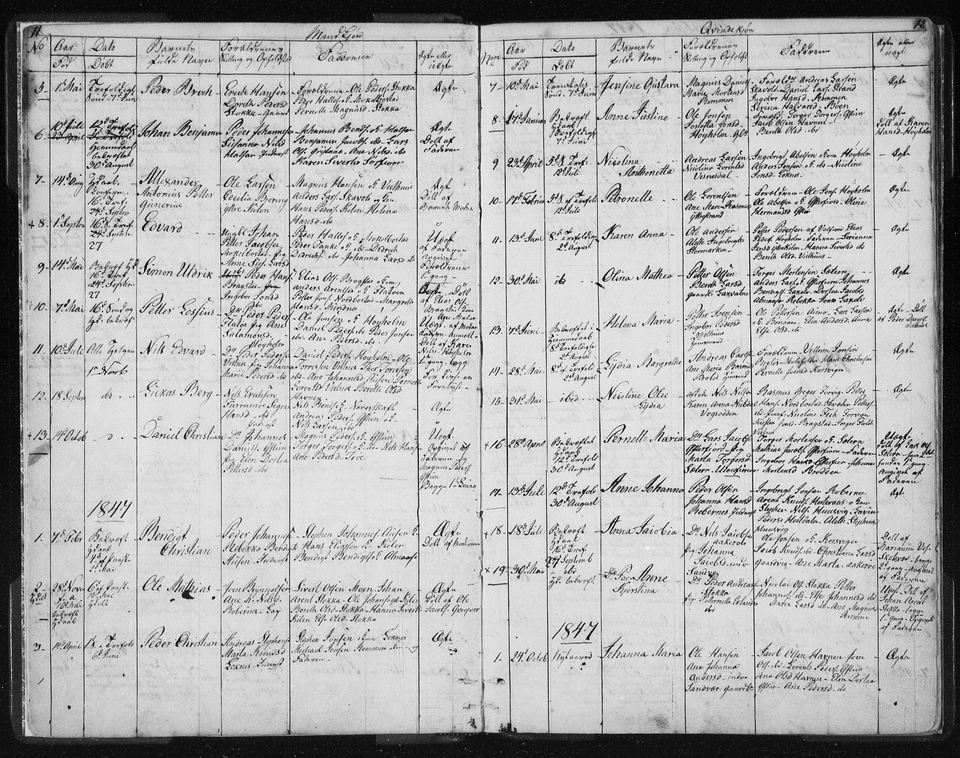 Ministerialprotokoller, klokkerbøker og fødselsregistre - Nordland, SAT/A-1459/819/L0275: Parish register (copy) no. 819C01, 1841-1868, p. 11-12