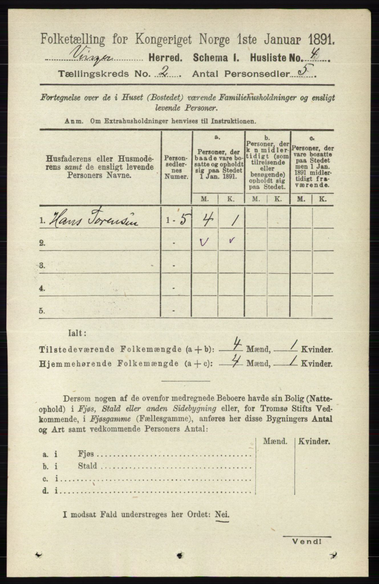 RA, 1891 census for 0421 Vinger, 1891, p. 401