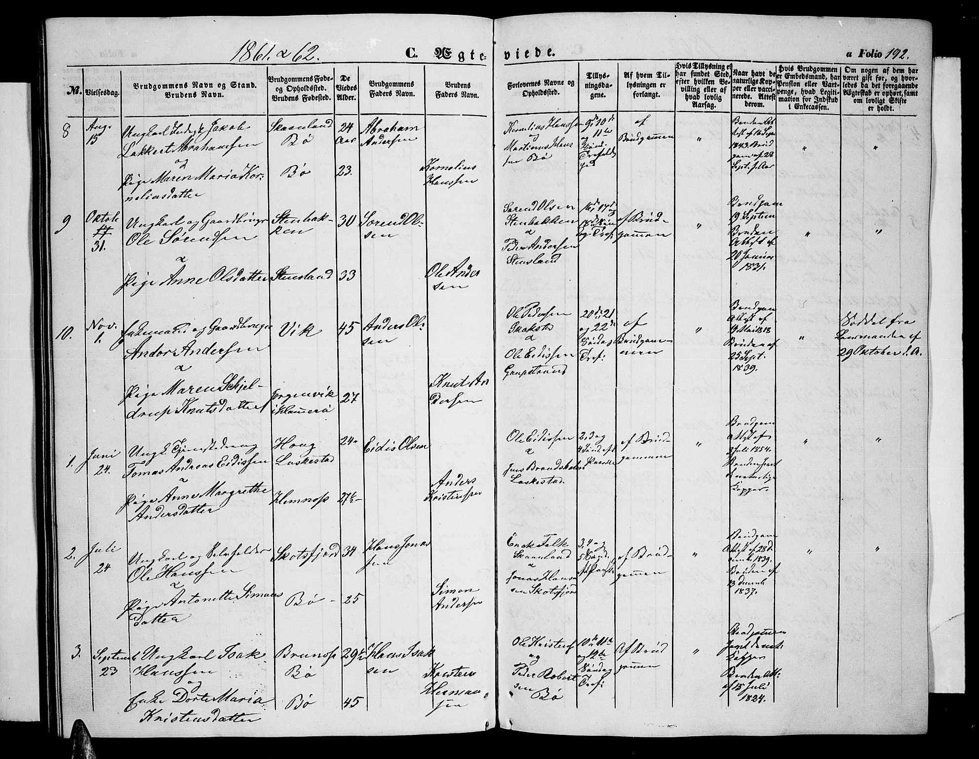 Ministerialprotokoller, klokkerbøker og fødselsregistre - Nordland, SAT/A-1459/855/L0814: Parish register (copy) no. 855C03, 1851-1864, p. 192