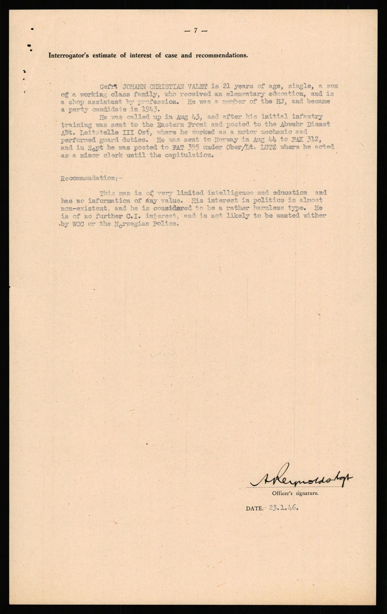 Forsvaret, Forsvarets overkommando II, AV/RA-RAFA-3915/D/Db/L0034: CI Questionaires. Tyske okkupasjonsstyrker i Norge. Tyskere., 1945-1946, p. 250