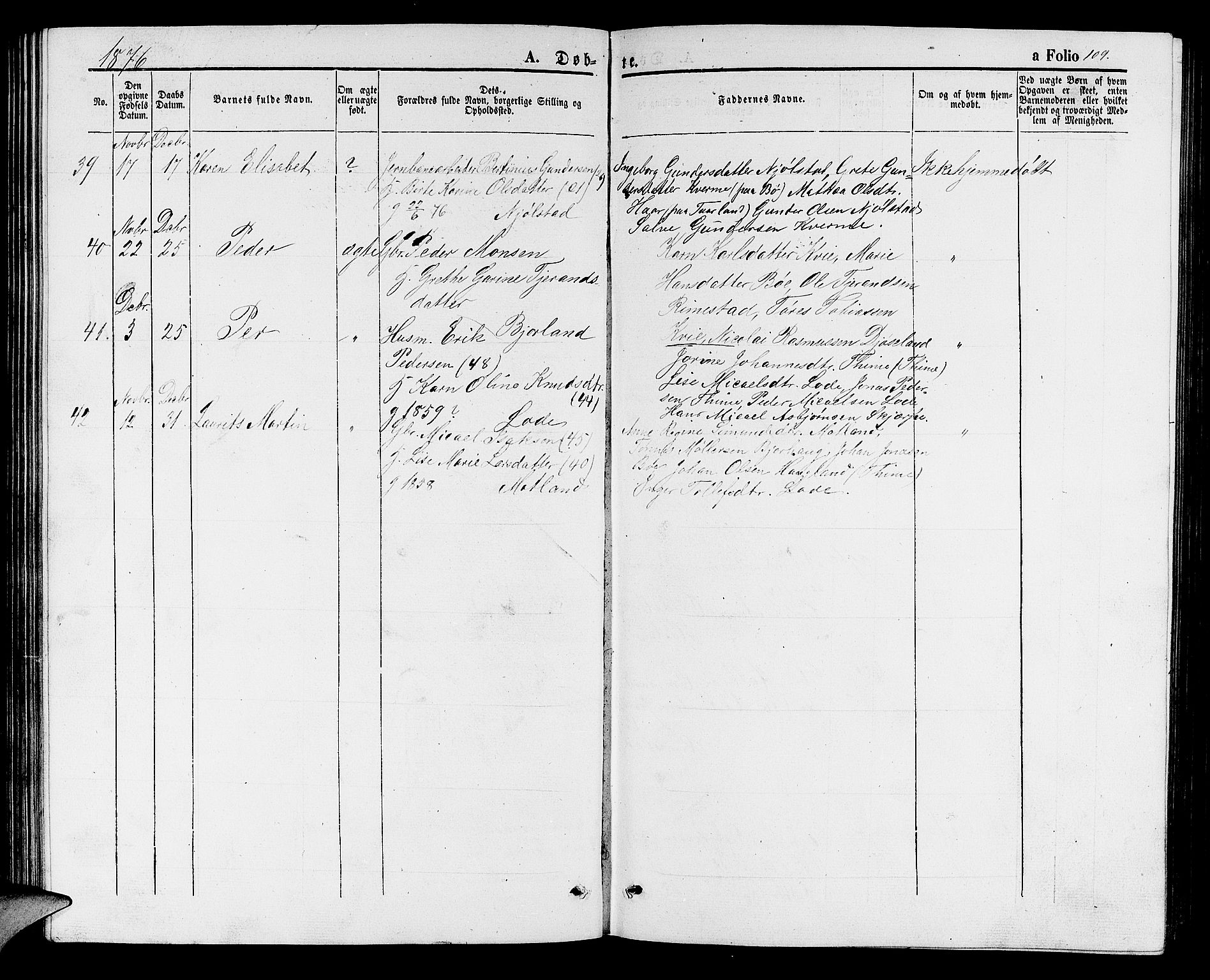 Hå sokneprestkontor, AV/SAST-A-101801/001/30BB/L0001: Parish register (copy) no. B 1, 1854-1883, p. 109