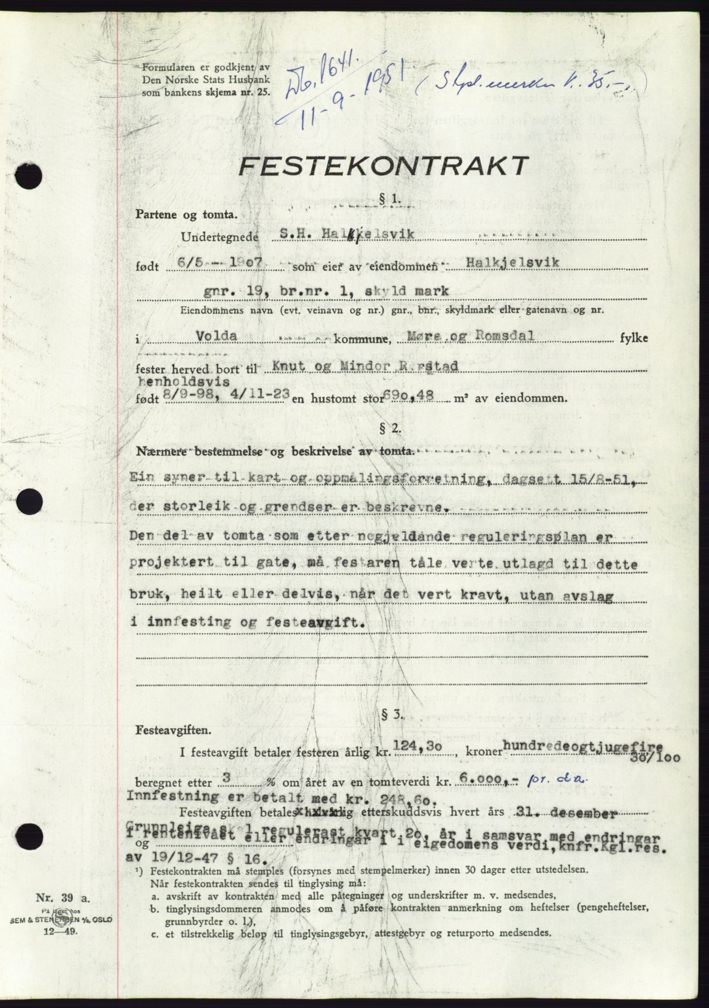 Søre Sunnmøre sorenskriveri, AV/SAT-A-4122/1/2/2C/L0089: Mortgage book no. 15A, 1951-1951, Diary no: : 1641/1951