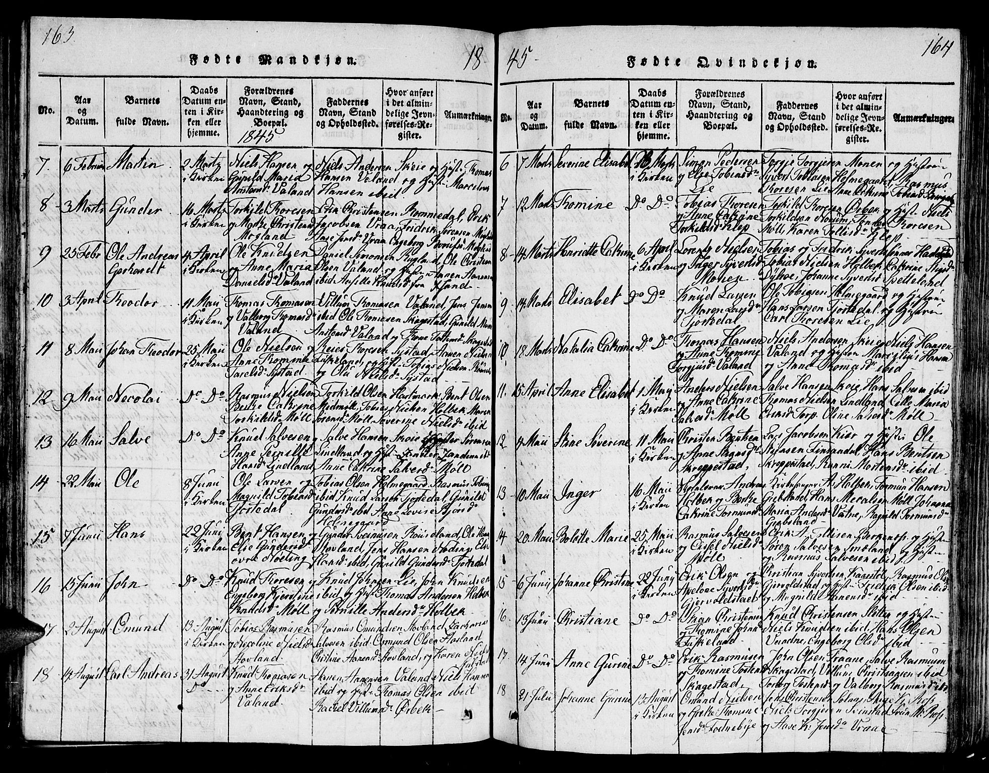 Holum sokneprestkontor, AV/SAK-1111-0022/F/Fb/Fba/L0002: Parish register (copy) no. B 2, 1820-1849, p. 163-164