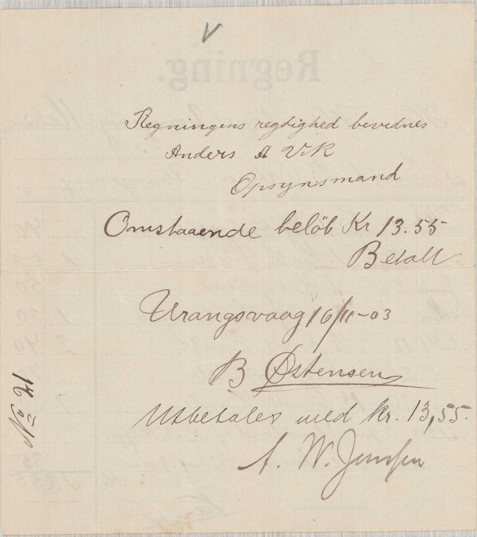 Finnaas kommune. Formannskapet, IKAH/1218a-021/E/Ea/L0002/0002: Rekneskap for veganlegg / Rekneskap for veganlegget Urangsvåg - Mælandsvåg, 1901-1903, p. 5