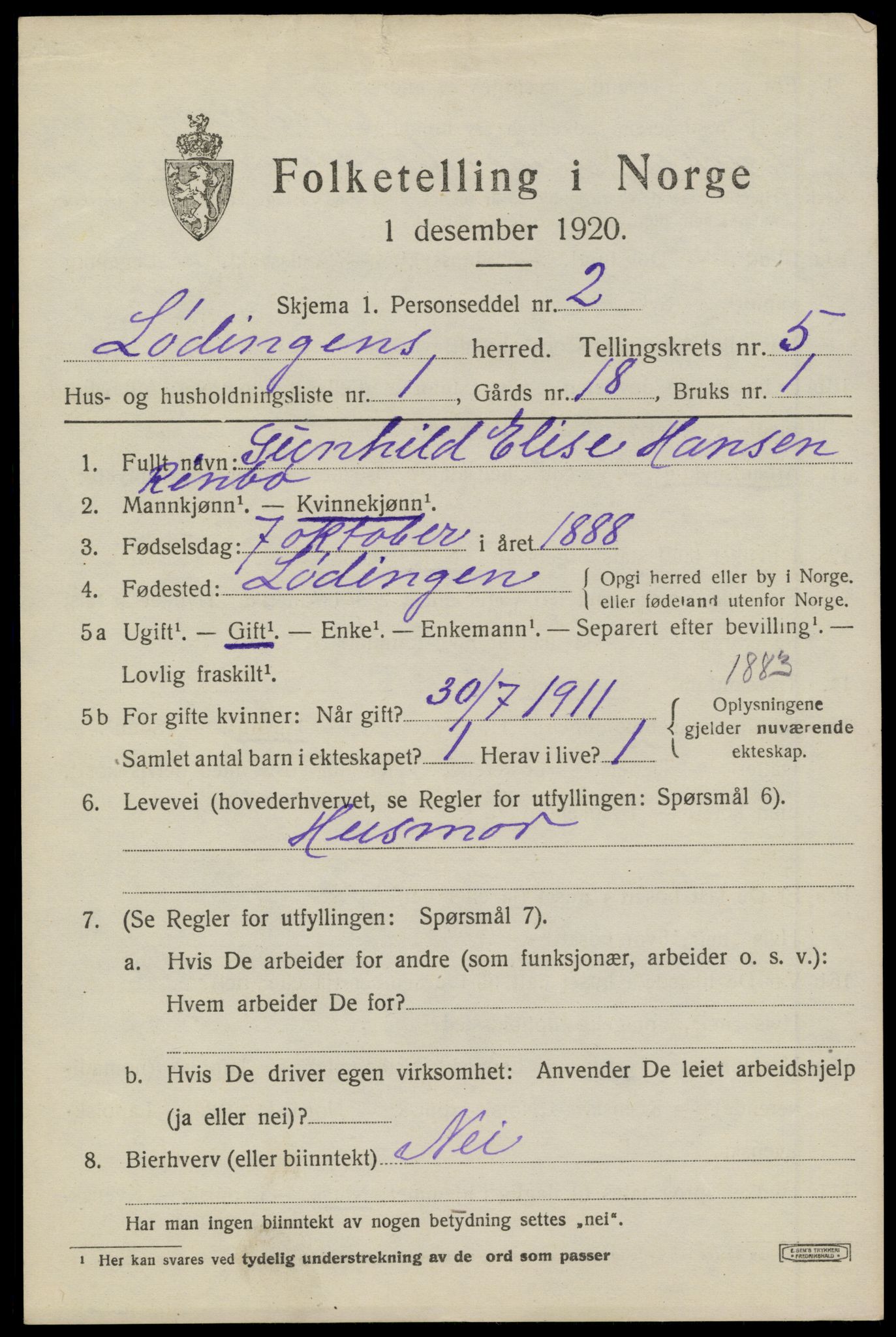 SAT, 1920 census for Lødingen, 1920, p. 3095