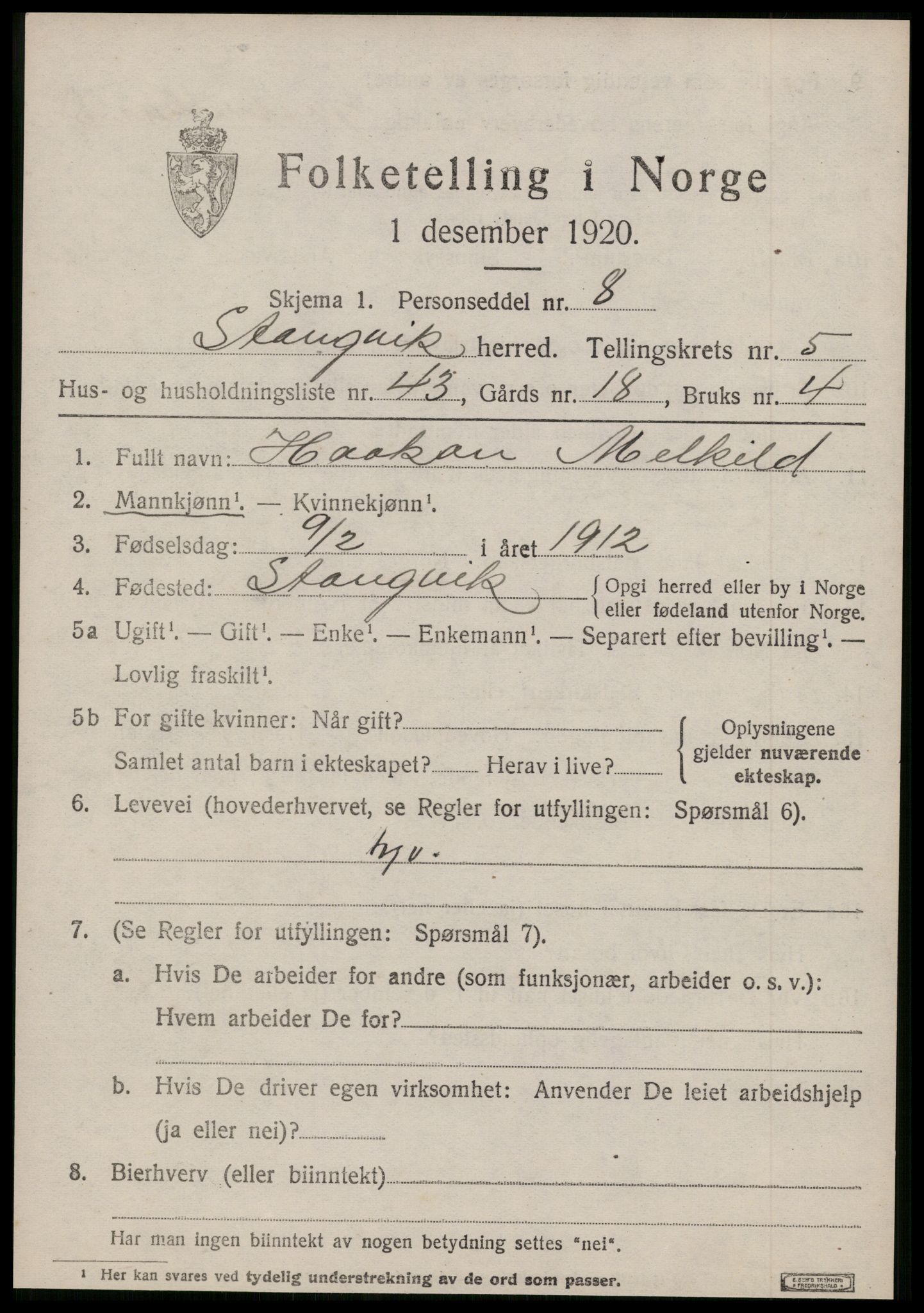 SAT, 1920 census for Stangvik, 1920, p. 3788