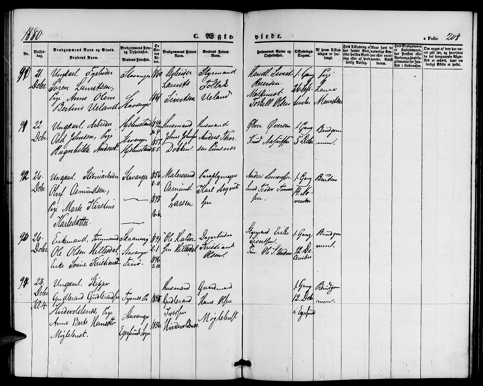 St. Petri sokneprestkontor, AV/SAST-A-101813/001/30/30BB/L0002: Parish register (copy) no. B 2, 1865-1885, p. 208