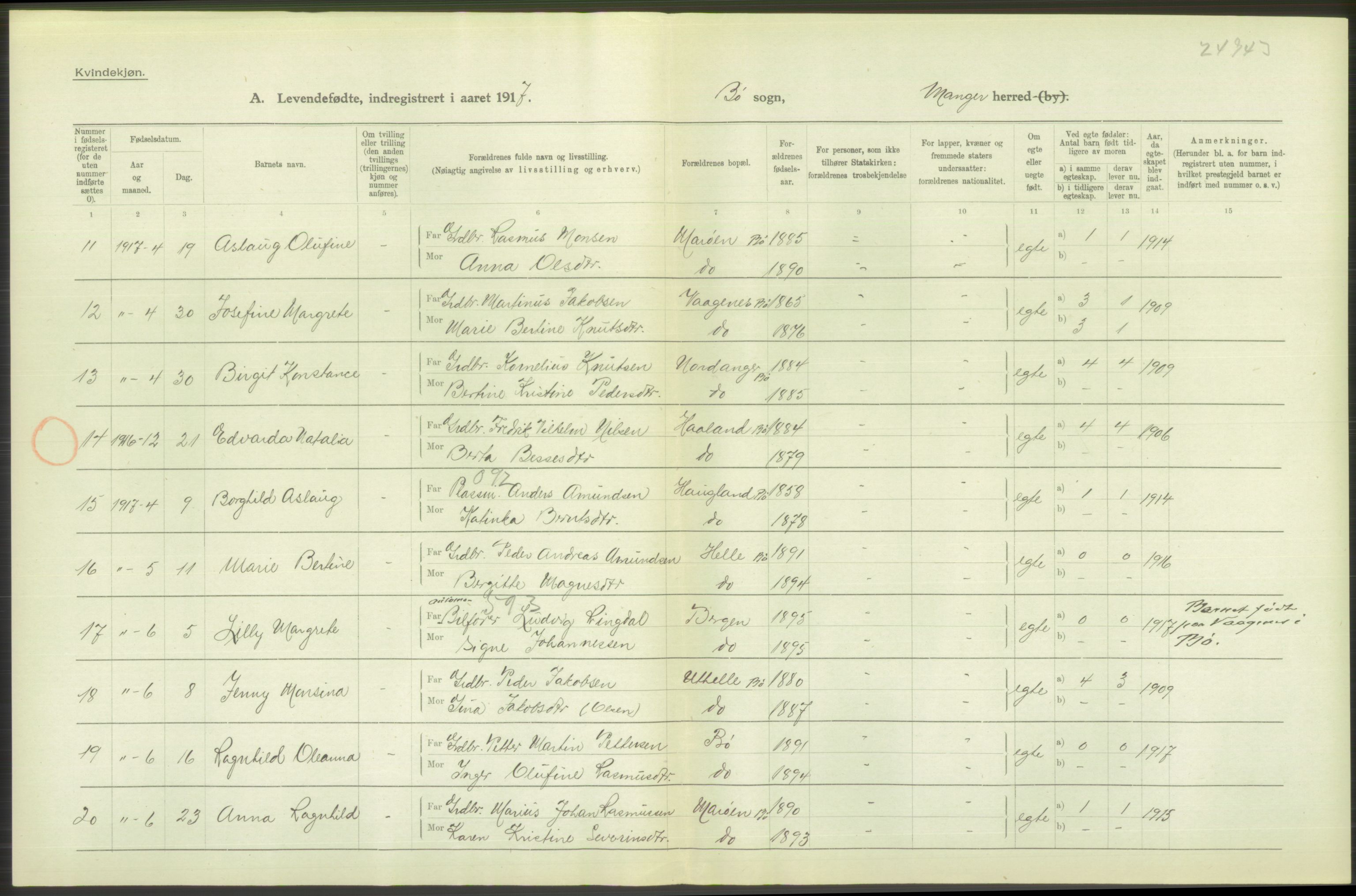 Statistisk sentralbyrå, Sosiodemografiske emner, Befolkning, RA/S-2228/D/Df/Dfb/Dfbg/L0034: S. Bergenhus amt: Levendefødte menn og kvinner. Bygder., 1917, p. 84