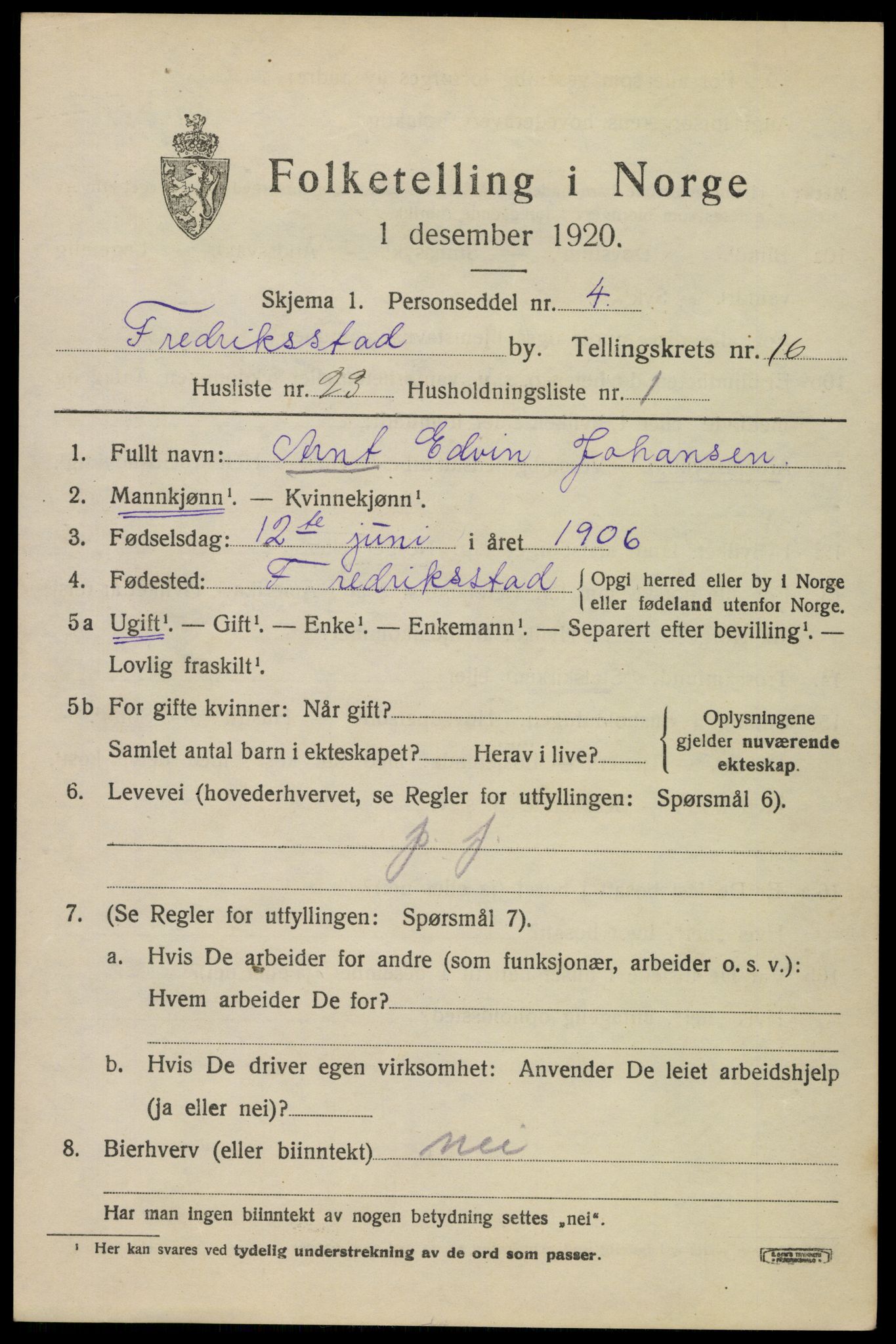 SAO, 1920 census for Fredrikstad, 1920, p. 37441