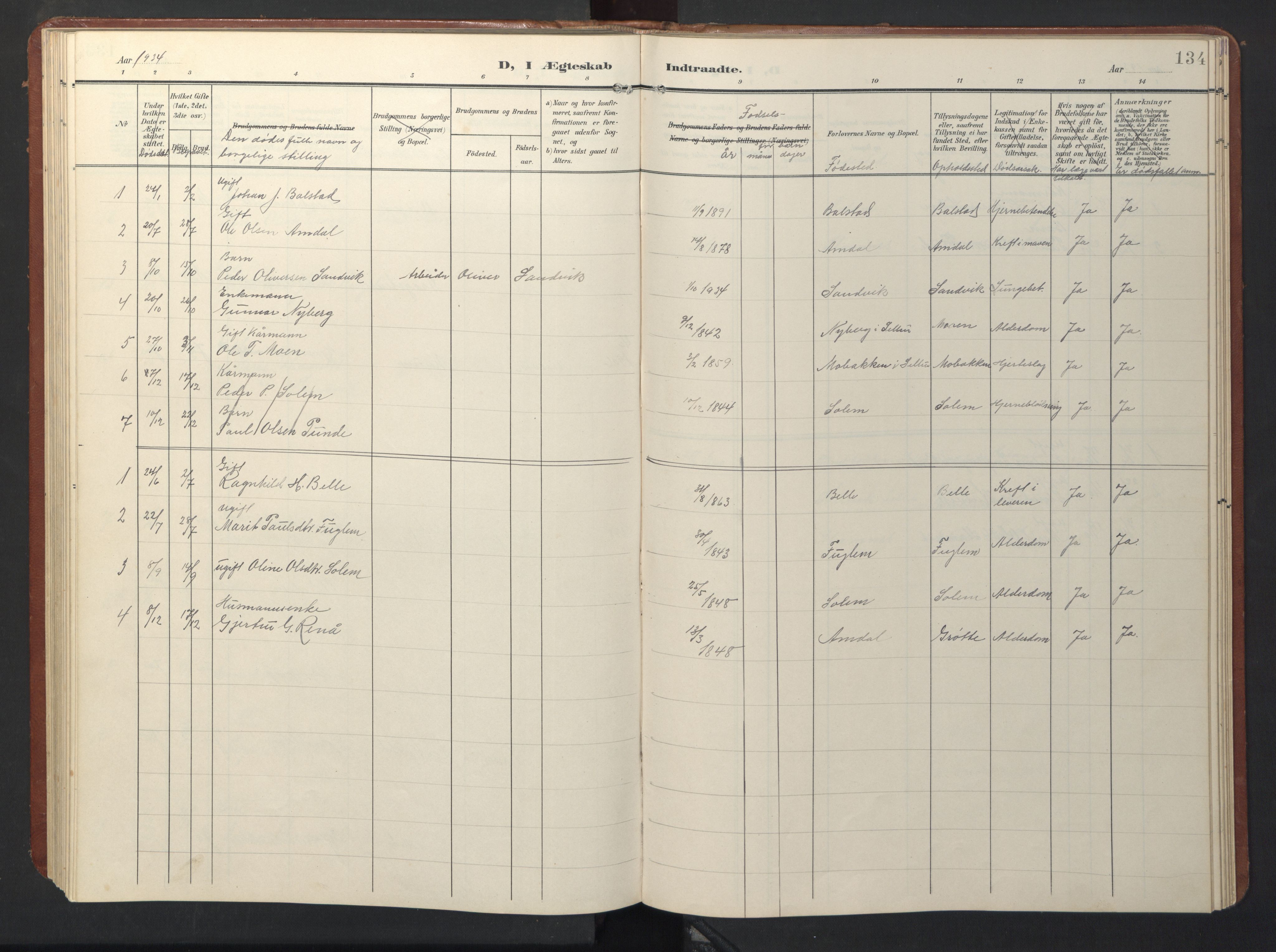 Ministerialprotokoller, klokkerbøker og fødselsregistre - Sør-Trøndelag, SAT/A-1456/696/L1161: Parish register (copy) no. 696C01, 1902-1950, p. 134
